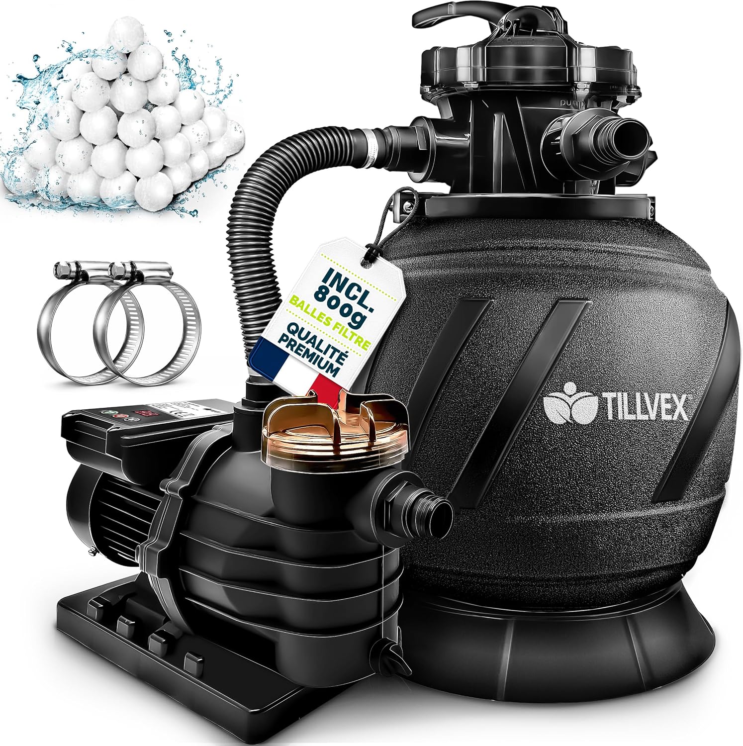 Detalle de Système de filtration à sable tillvex AquaBlack Pro 10m³/h avec vanne 7 voies, indicateur de pression et minuterie
