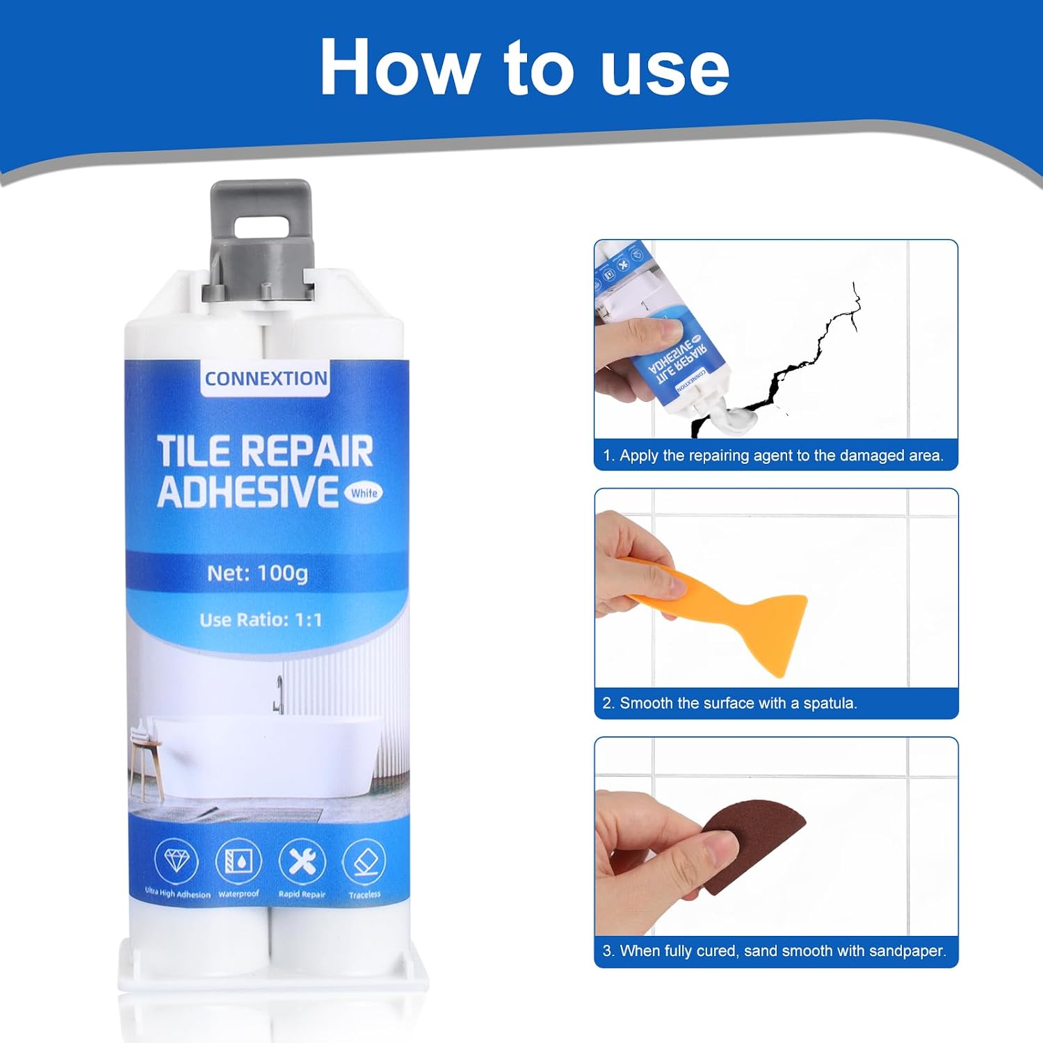 Detalle 2 de Connextion OJD-06135 White Bathtub Repair Kit, 100 g Resin Paste