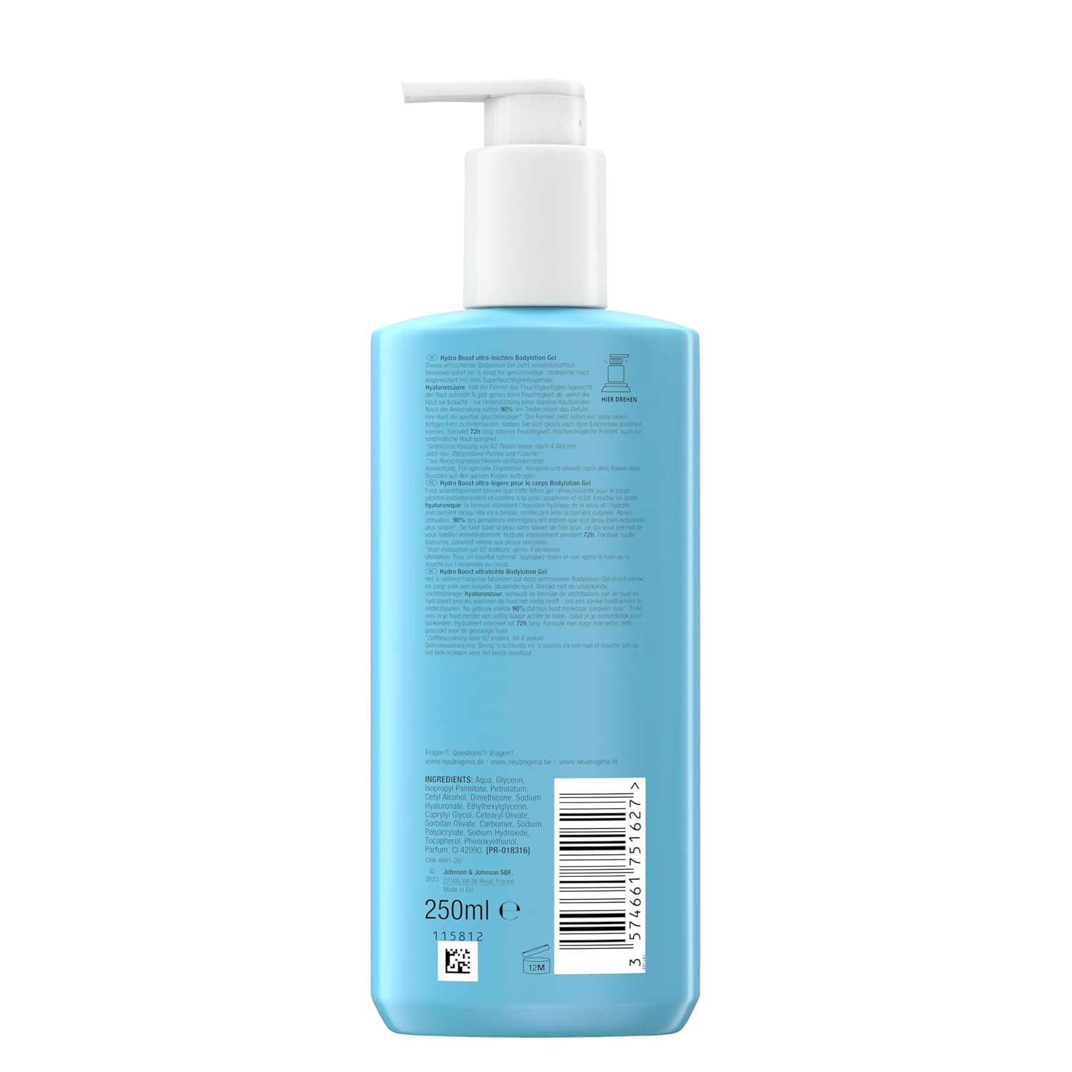 Detalle de Neutrogena Hydro Boost Bodylotion Gel (3×250 ml) – ultra-leichte Körperlotion mit 17% Glycerin & Hyaluronsäure