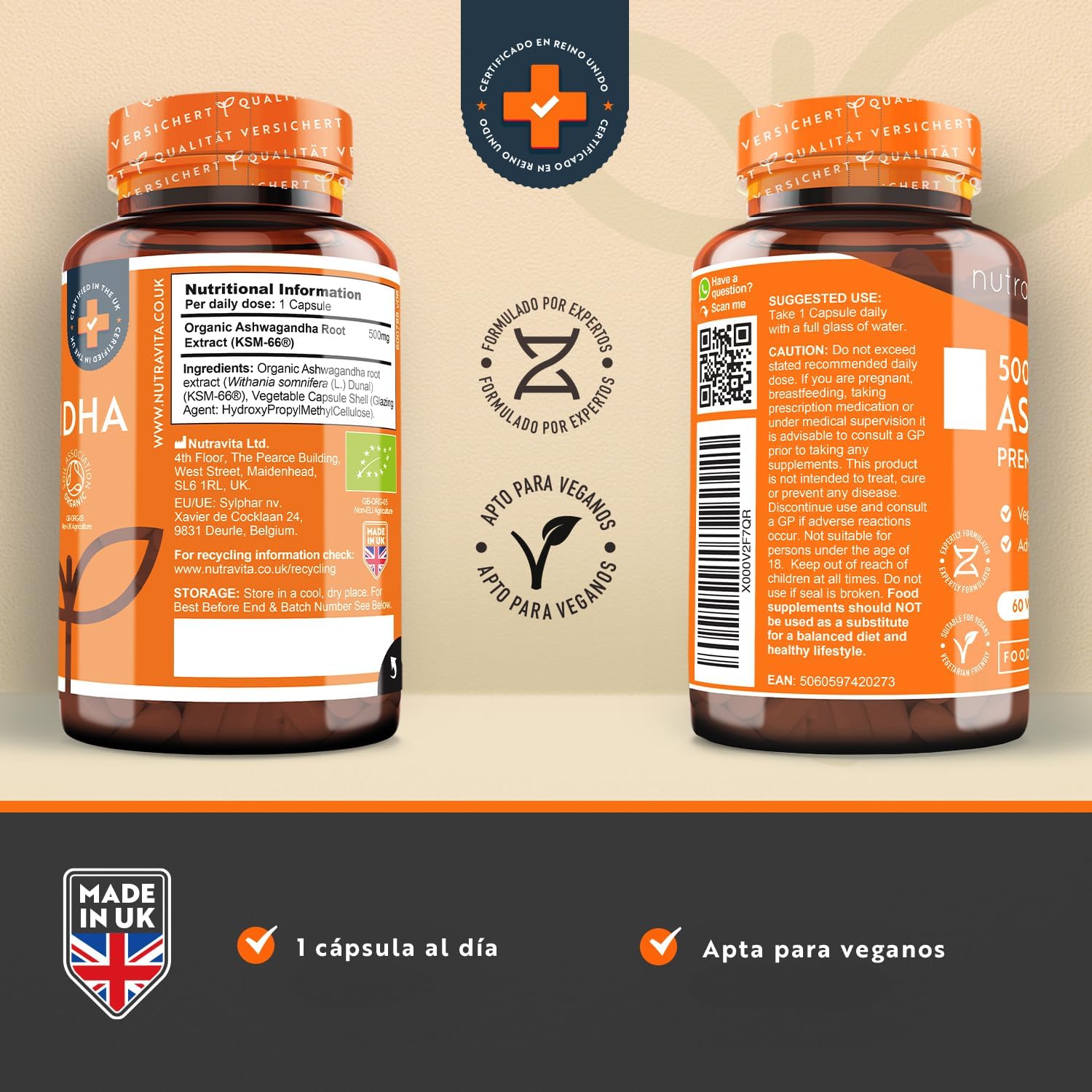 Detalle de Nutravita Ashwagandha Orgánica 500mg cápsulas