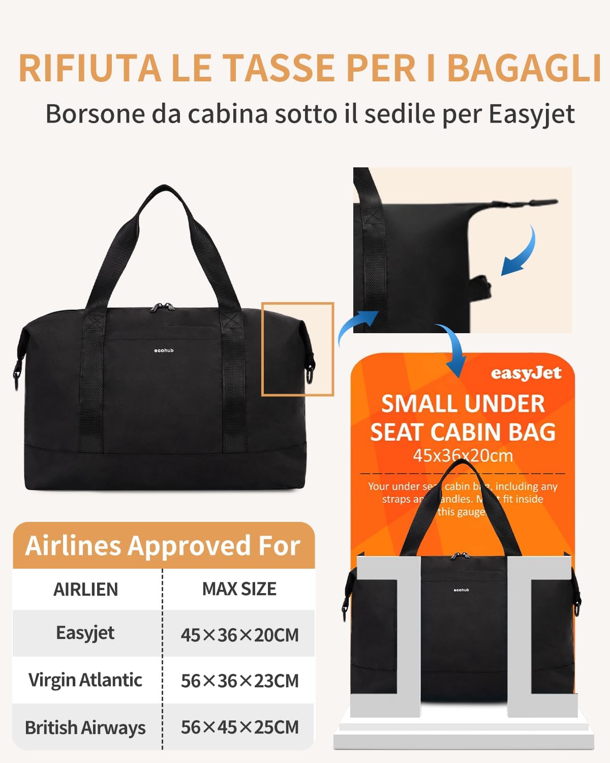 Thumbnail 1 de ECOHUB Easyjet bagaglio a mano 45x36x20 da 30L con tasca impermeabile rimovibile (borsone pieghevole)