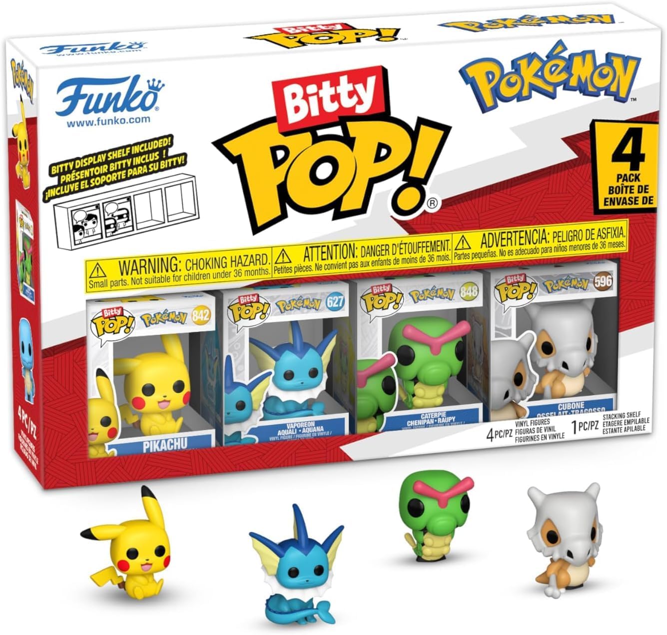 Detalle de Funko Bitty Pop! Pokémon Pikachu – Vaporeon – Caterpie – Cubone, pack de 4 (2,2 cm) avec étagère d’exposition empilable