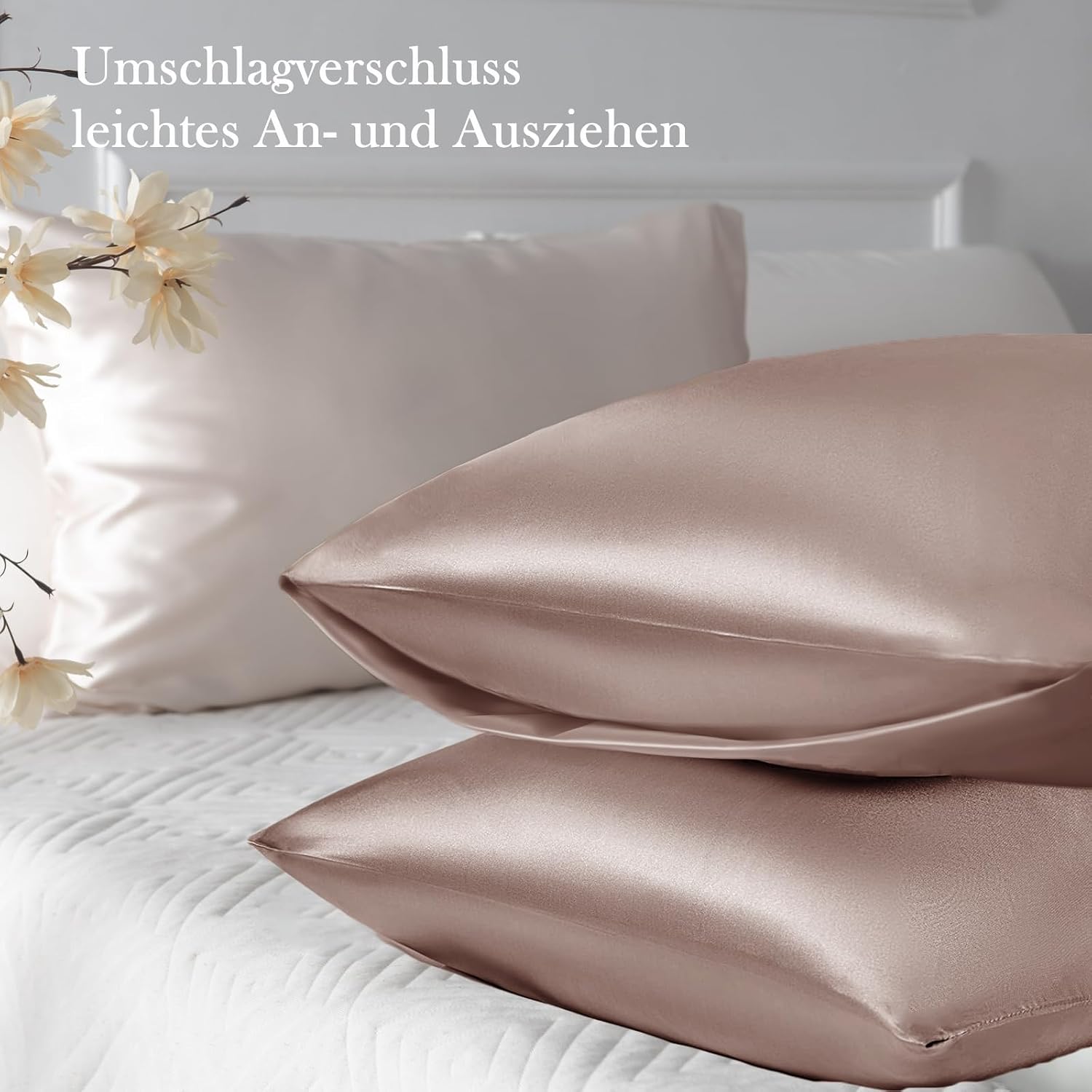 Detalle de Vielit Satin Kissenbezug 40 x 80 Braun – 2er Set, weiches Seiden-Feeling, Haar- und Hautschutz inkl. Haargummis