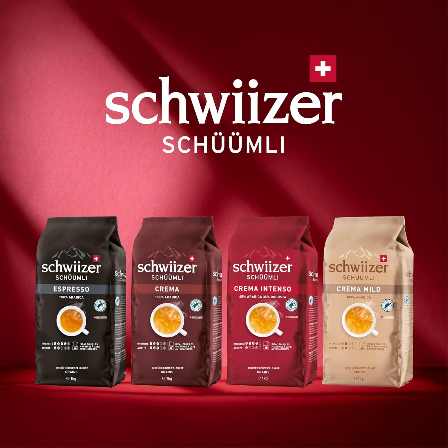 Detalle de Schwiizer Schüümli Intenso – Grains Arabica/Robusta, 65/35, intensité 4/5, torréfaction moyenne, Rainforest Alliance, 1 kg