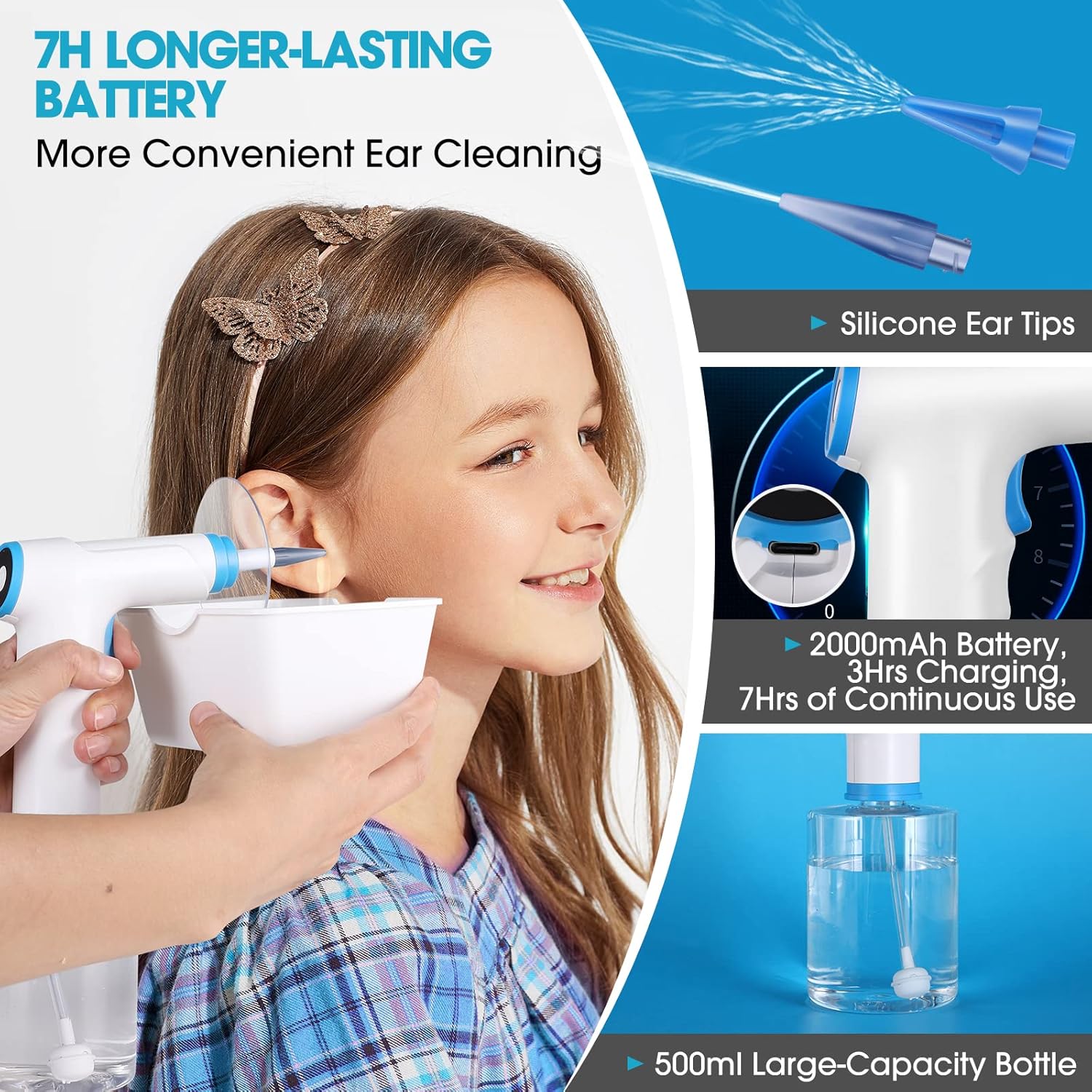Detalle de KAUGIC Electric Ear Wax Removal — Water Powered Ear Cleaner with 4 Modes, 10 Tips and 500ml Basin