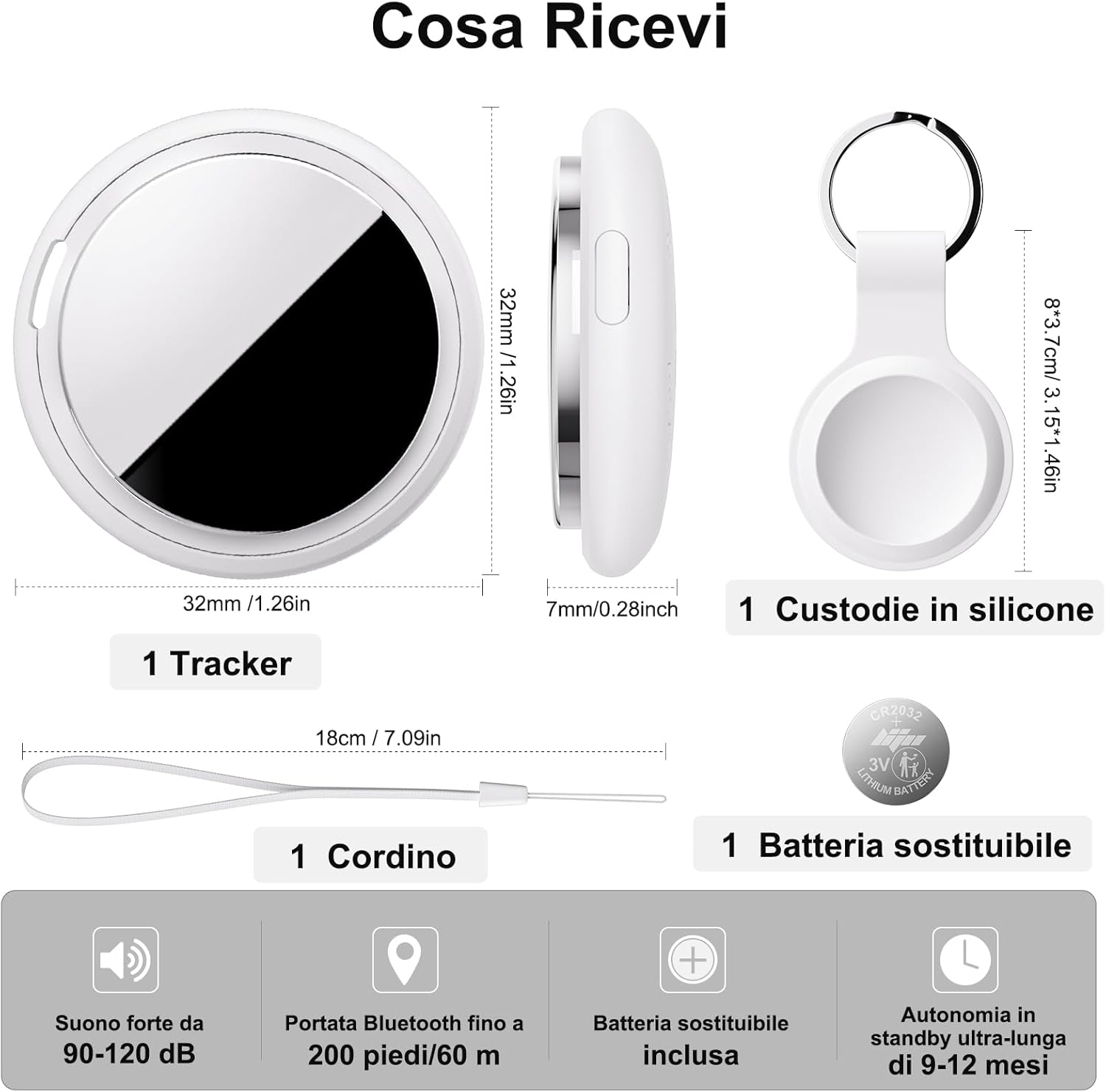 Thumbnail 5 de Bnlei Smart Air Tracker Tag per Apple Dov’è (Find My) – compatibile solo iOS, batteria CR2032 inclusa, bianco