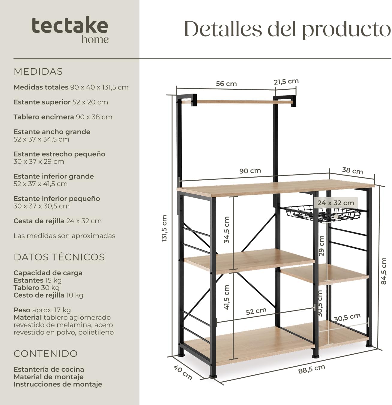 Thumbnail 1 de tectake Estantería Cocina estilo Industrial 90x40x131