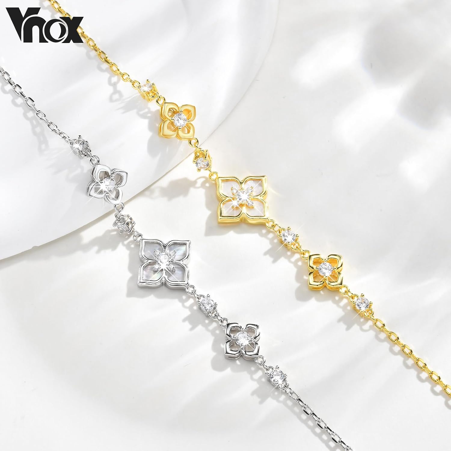 Detalle de VNOX Four Leaf Clover Bracelet for Women – Adjustable Silver 14K Gold Link Chain