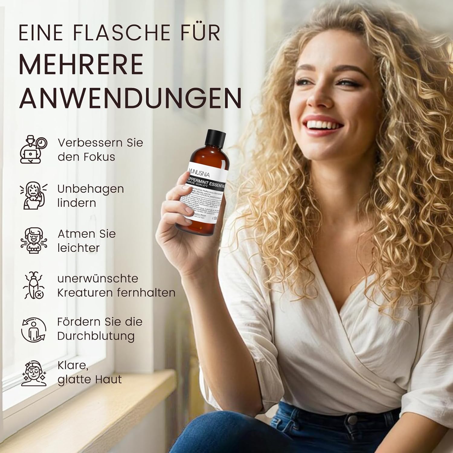 Detalle de Pfefferminzöl 100ML von MUNUSNA – reines ätherisches Öl für Diffuser, Sauna und Wellness
