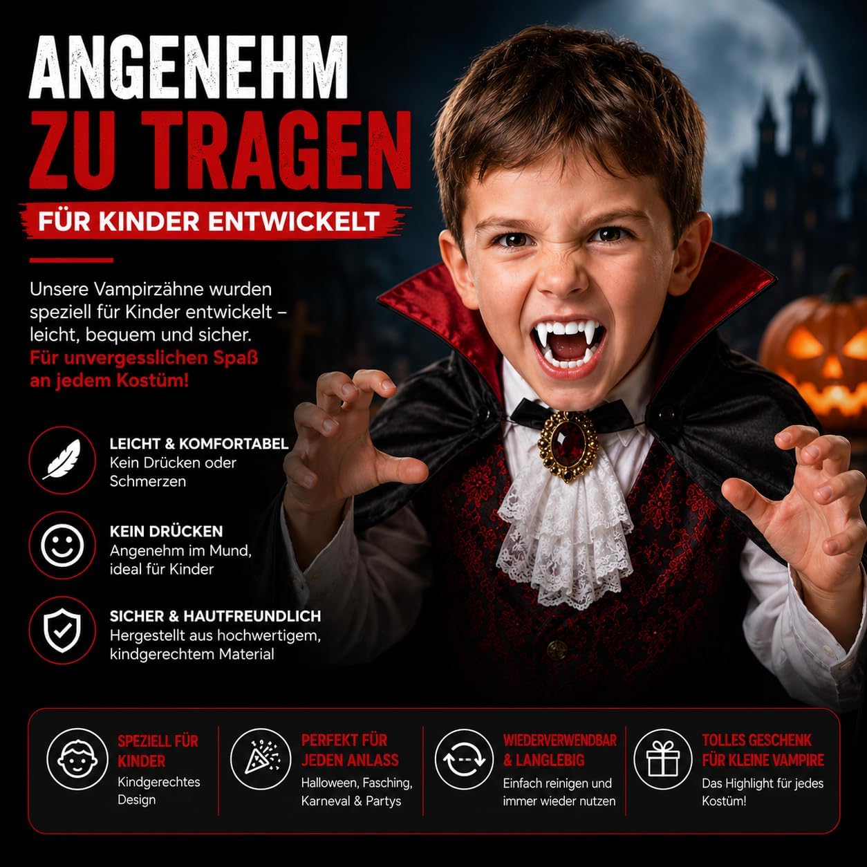 Detalle 2 de Costumed Store CO-001 vampyrtänder för barn med tydliga huggtänder