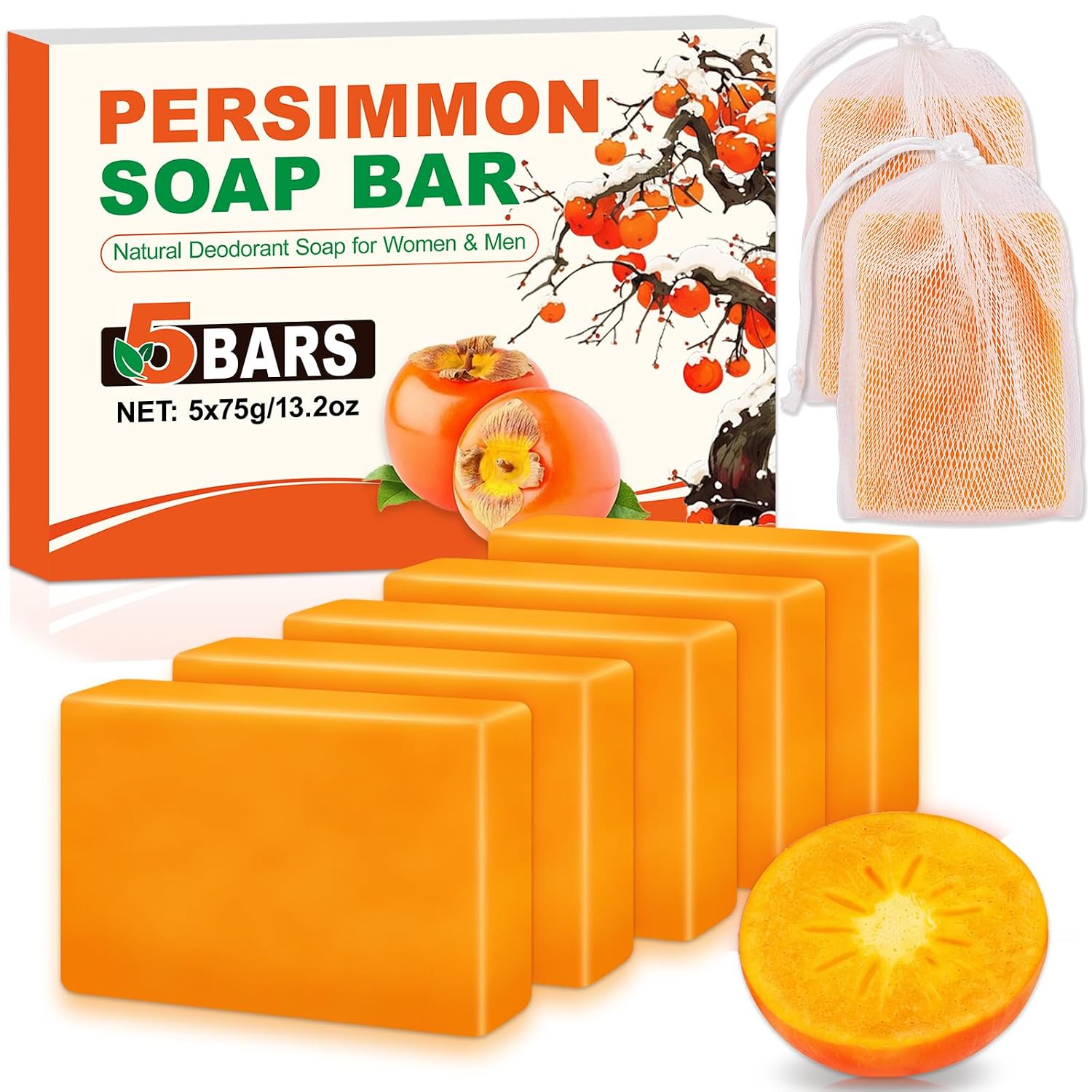 Detalle de NXPPYY Persimmon Soap Bars, 5-Pack with 2 Mesh Bags for Body Odor