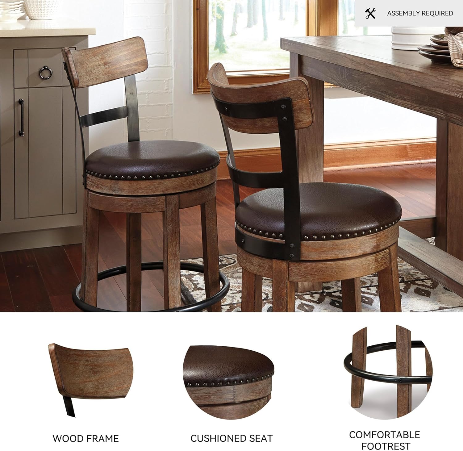 Detalle de Signature Design by Ashley Pinnadel Bar Stool: Counter-Height Swivel with Faux Leather Seat