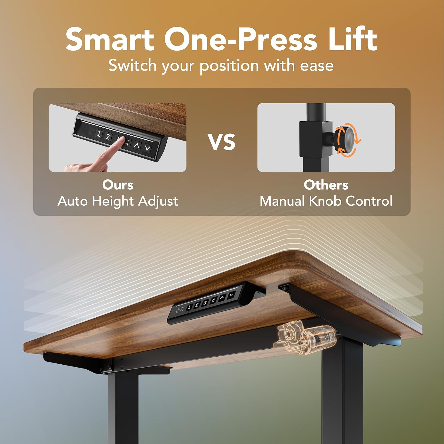 Detalle de HUANUO Electric Standing Desk, Walnut, 4 Memory Presets, 28.3–46.5-Inch Range