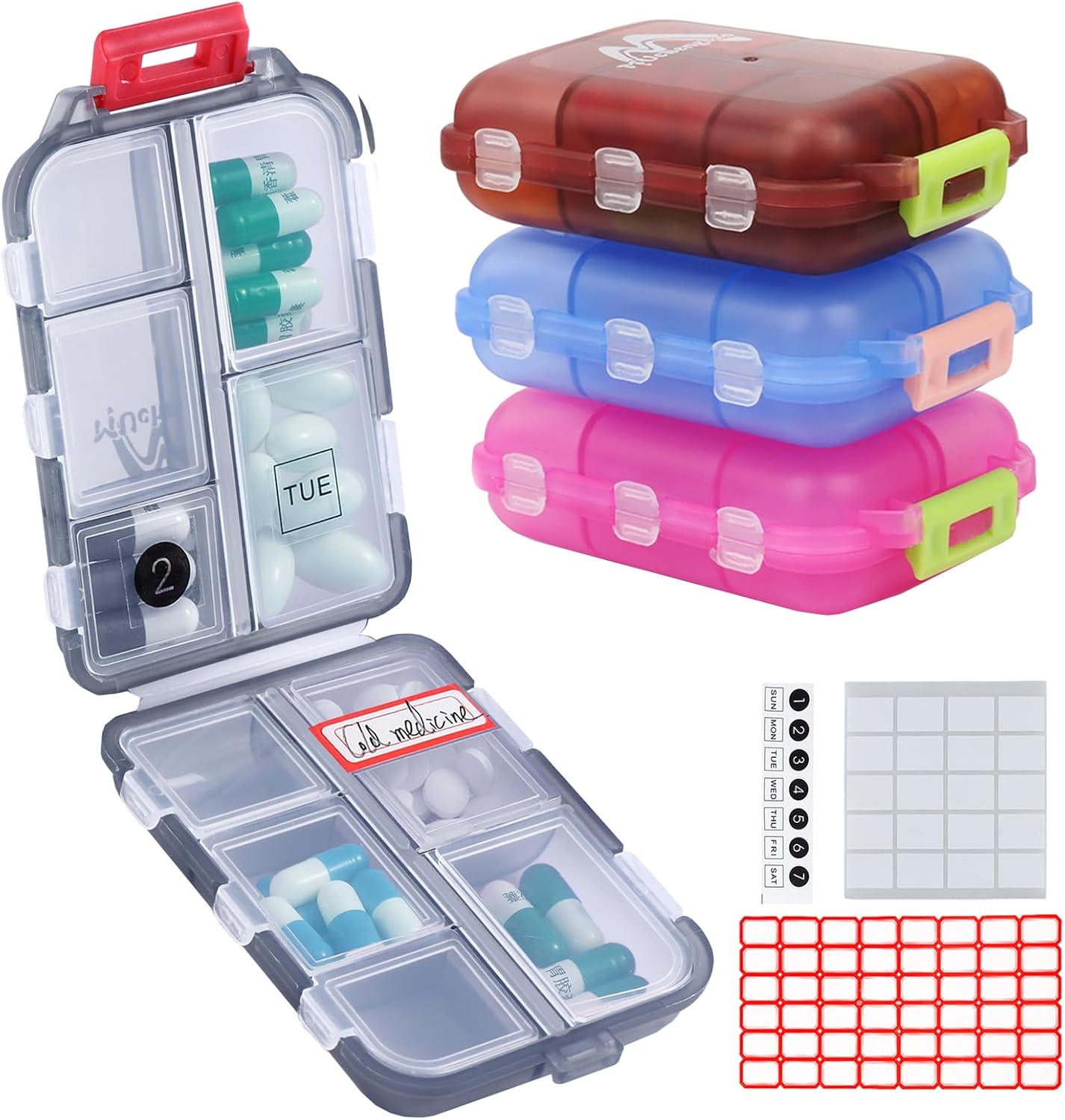 Detalle de 4er-Set Tablettenbox 7 Tage mit 10 Fächern (Pillendose) – Muchengbao, 4 Farben gemischt