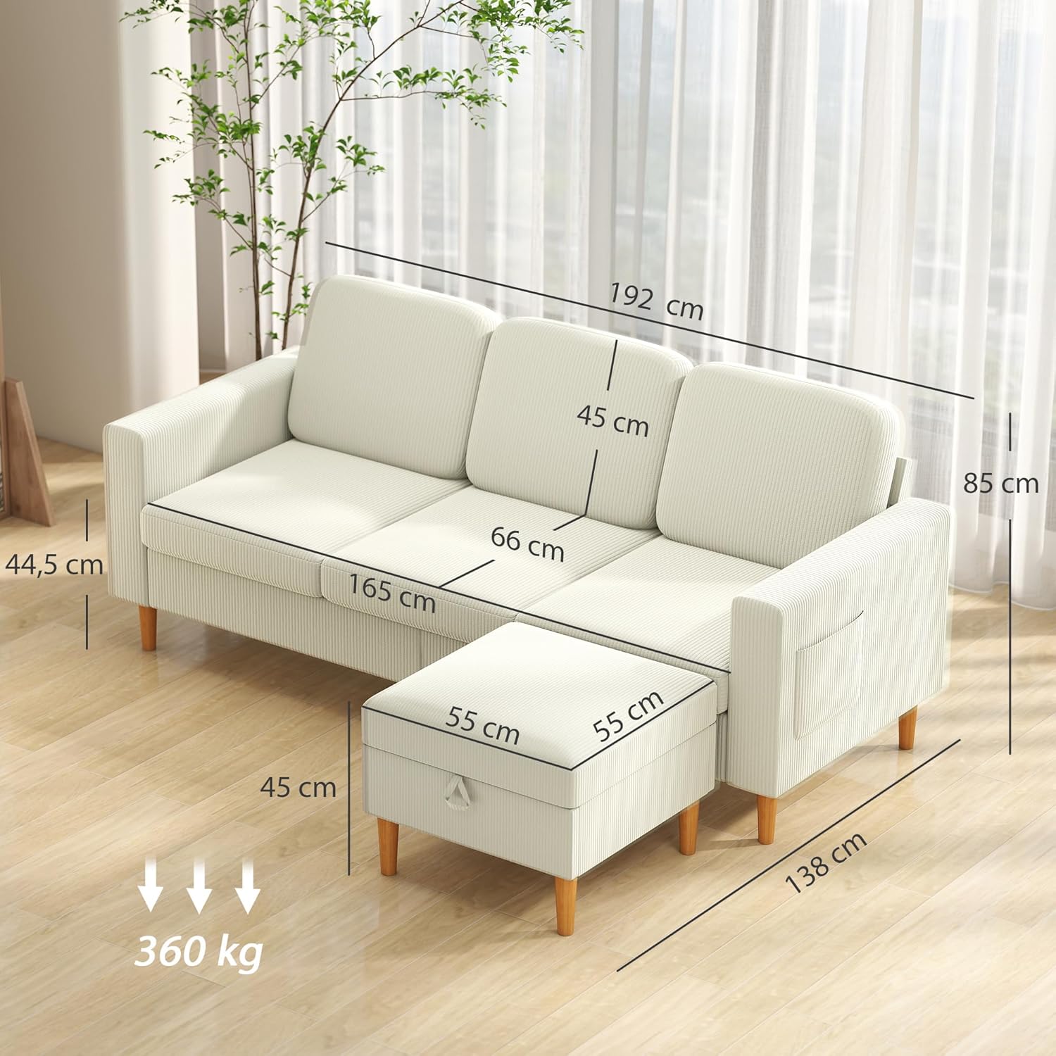 Thumbnail 2 de HOMCOM Canapé 3 places en velours côtelé beige avec repose-pieds et rangement