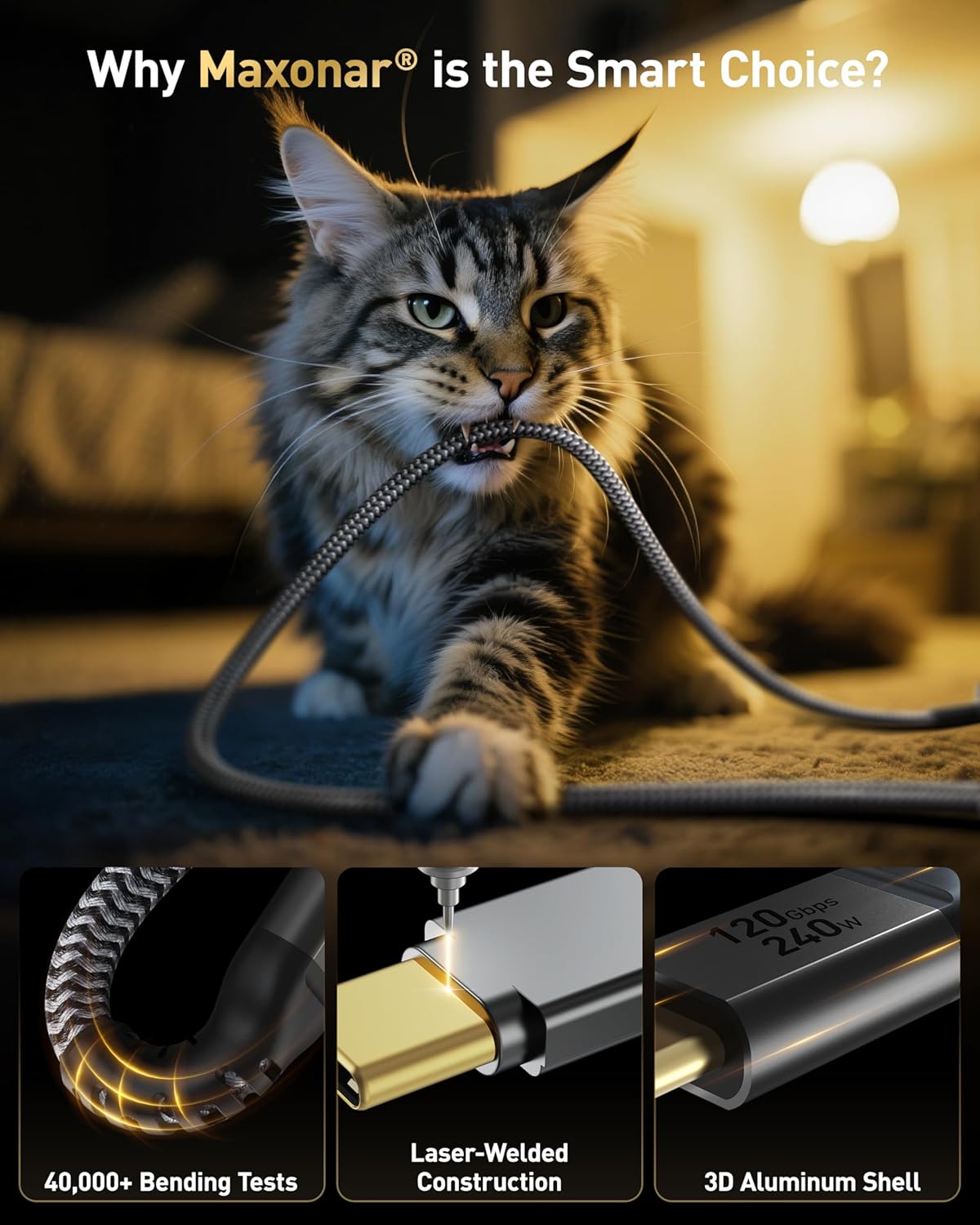 Thumbnail 4 de Maxonar Thunderbolt 5 Cable (3.3ft/1m) – up to 120Gbps video bandwidth, 240W charging