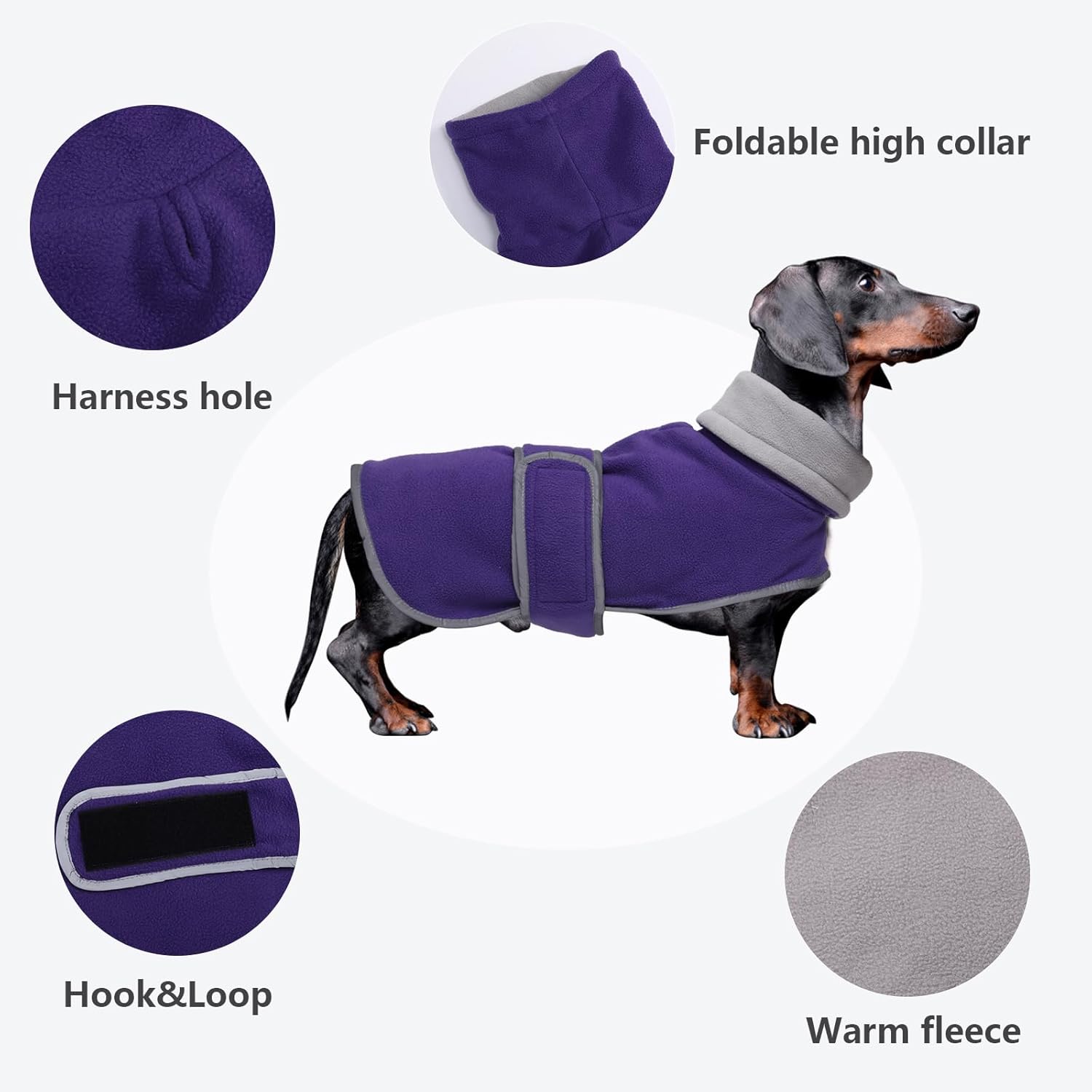 Thumbnail 2 de Morezi Dachshund Fleece Winter Coat (Purple) for Sausage Dogs with Hook-and-Loop & Safety Stripe