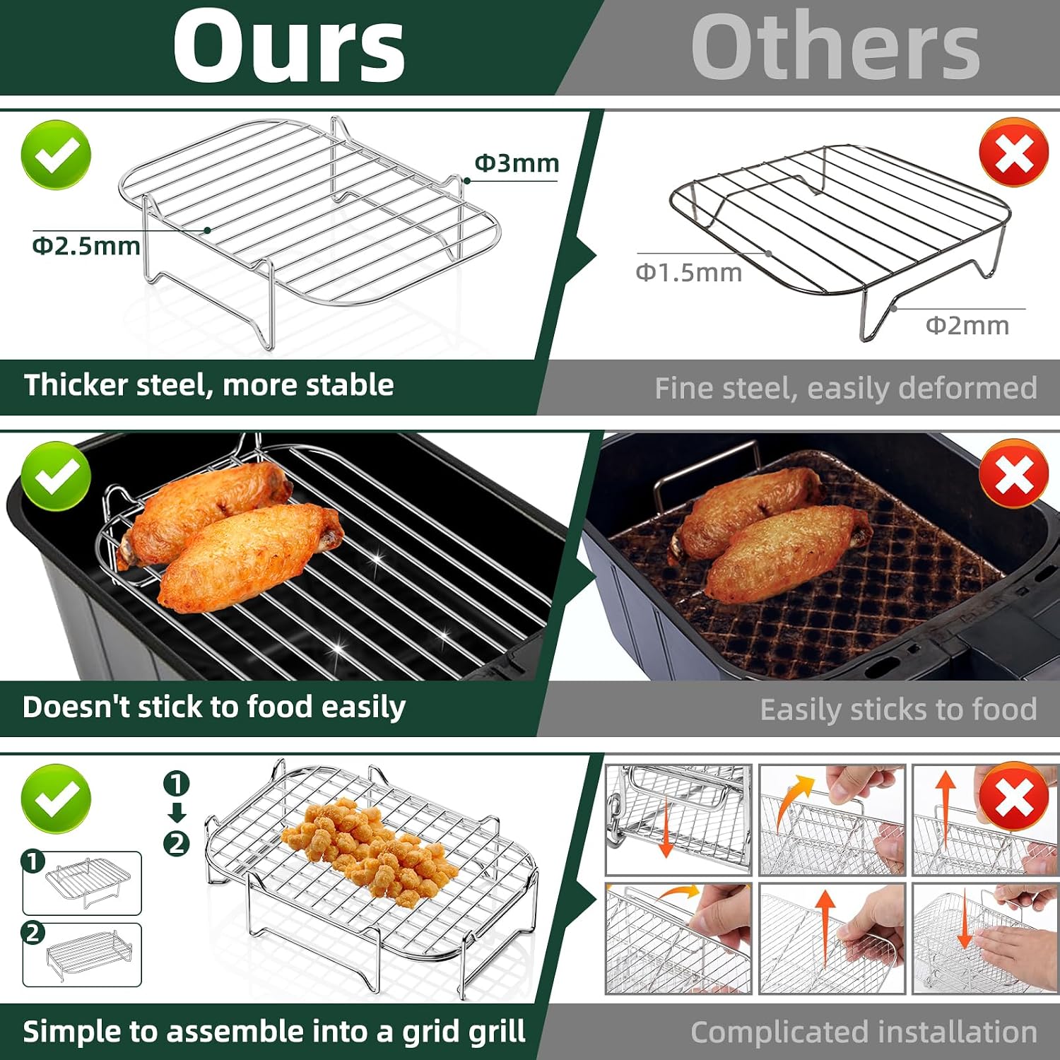 Detalle de PETHREE PT-GJP-XX-2508120 Air Fryer Rack, 2-Piece 304 Stainless Steel