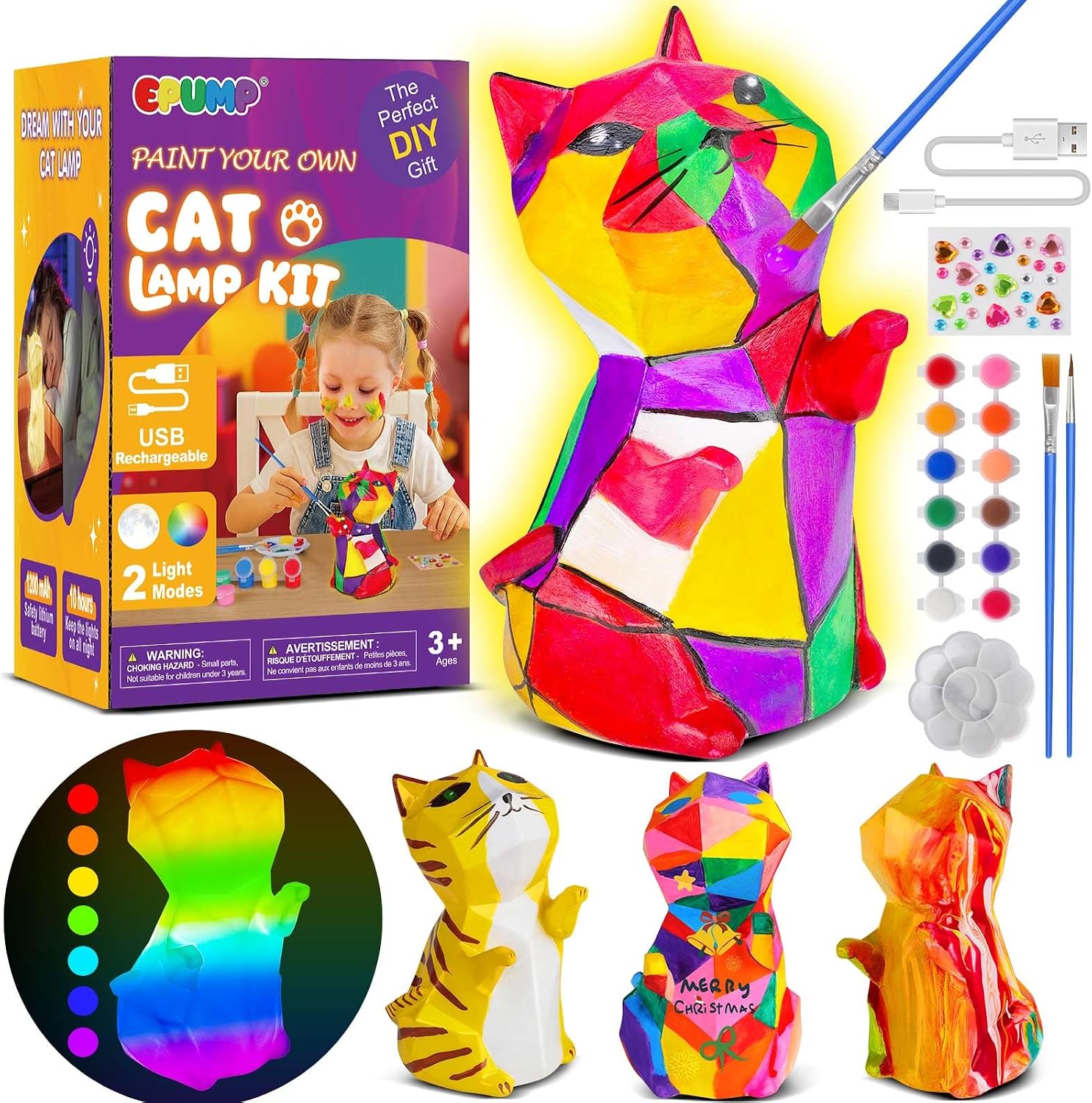Detalle de EPUMP Paint Your Own Cat Lamp Kit (Rechargeable 1200mAh) with 2 Light Modes