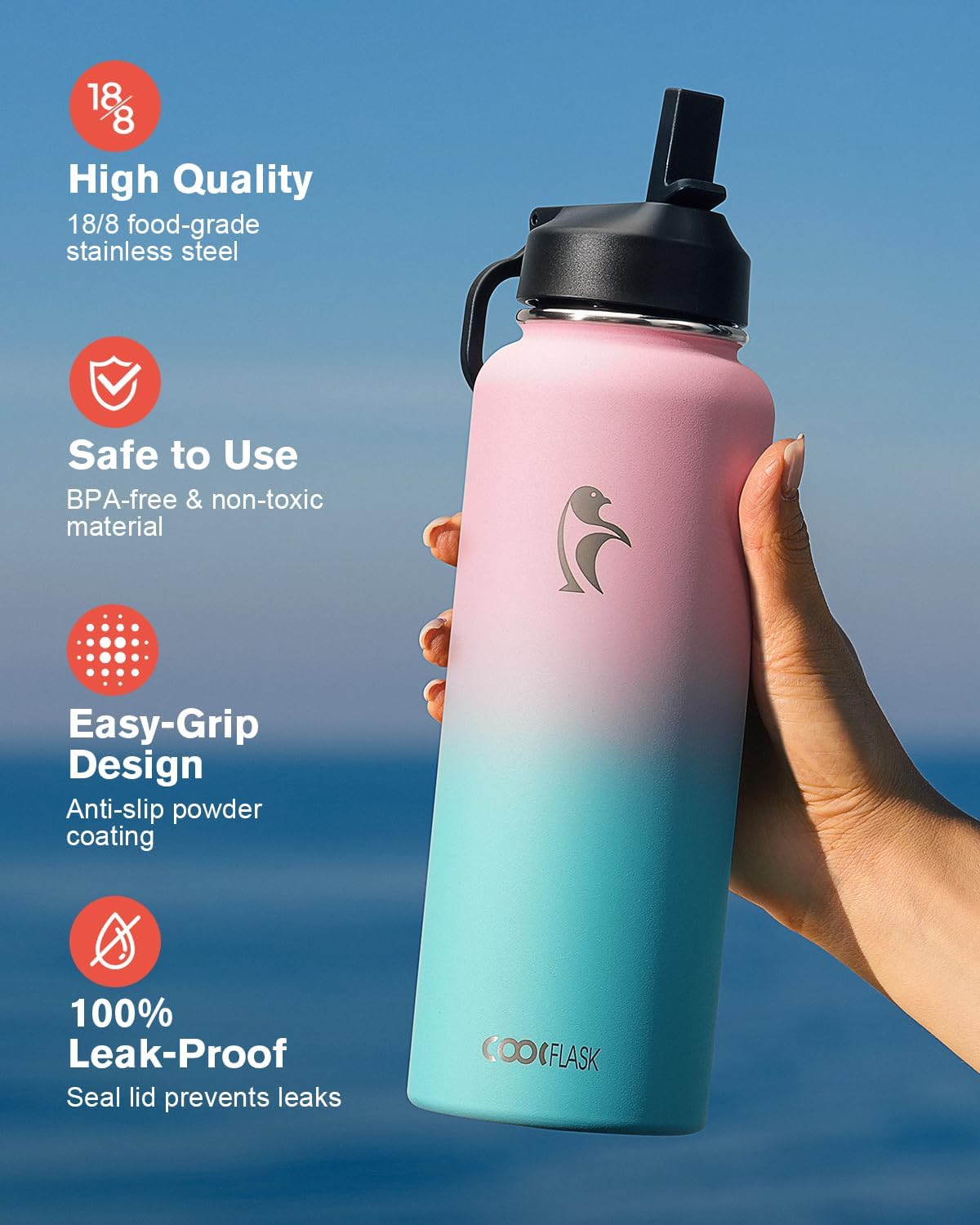 Detalle de Coolflask 1180 ml : bouteille isotherme en métal avec paille et 3 couvercles (bubble gum)