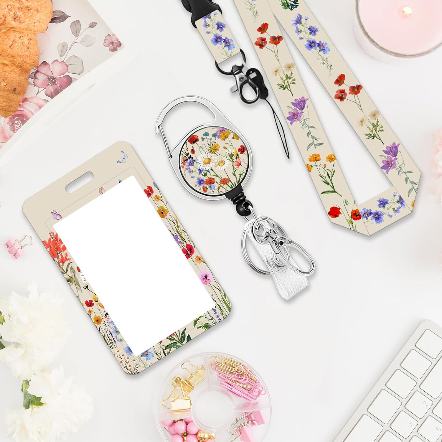 Thumbnail 6 de Black Cat Lanyards ID Badge Holder with Retractable Reel and Floral Design
