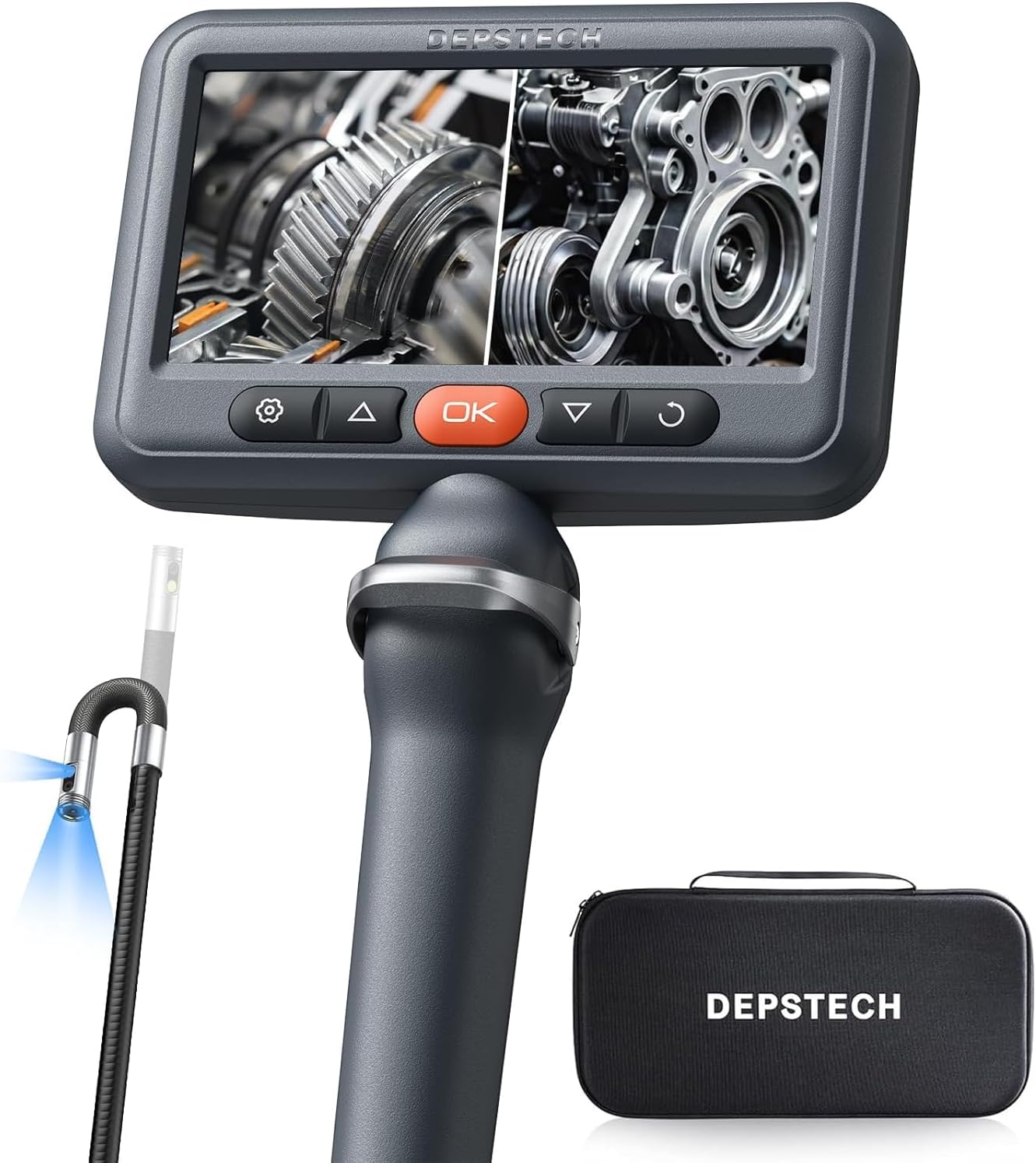 Detalle de DEPSTECH DS660 Dual-Linsen Endoskopkamera mit Licht, 1080P und drehbarem Kopf – 5 Zoll IPS Bildschirm