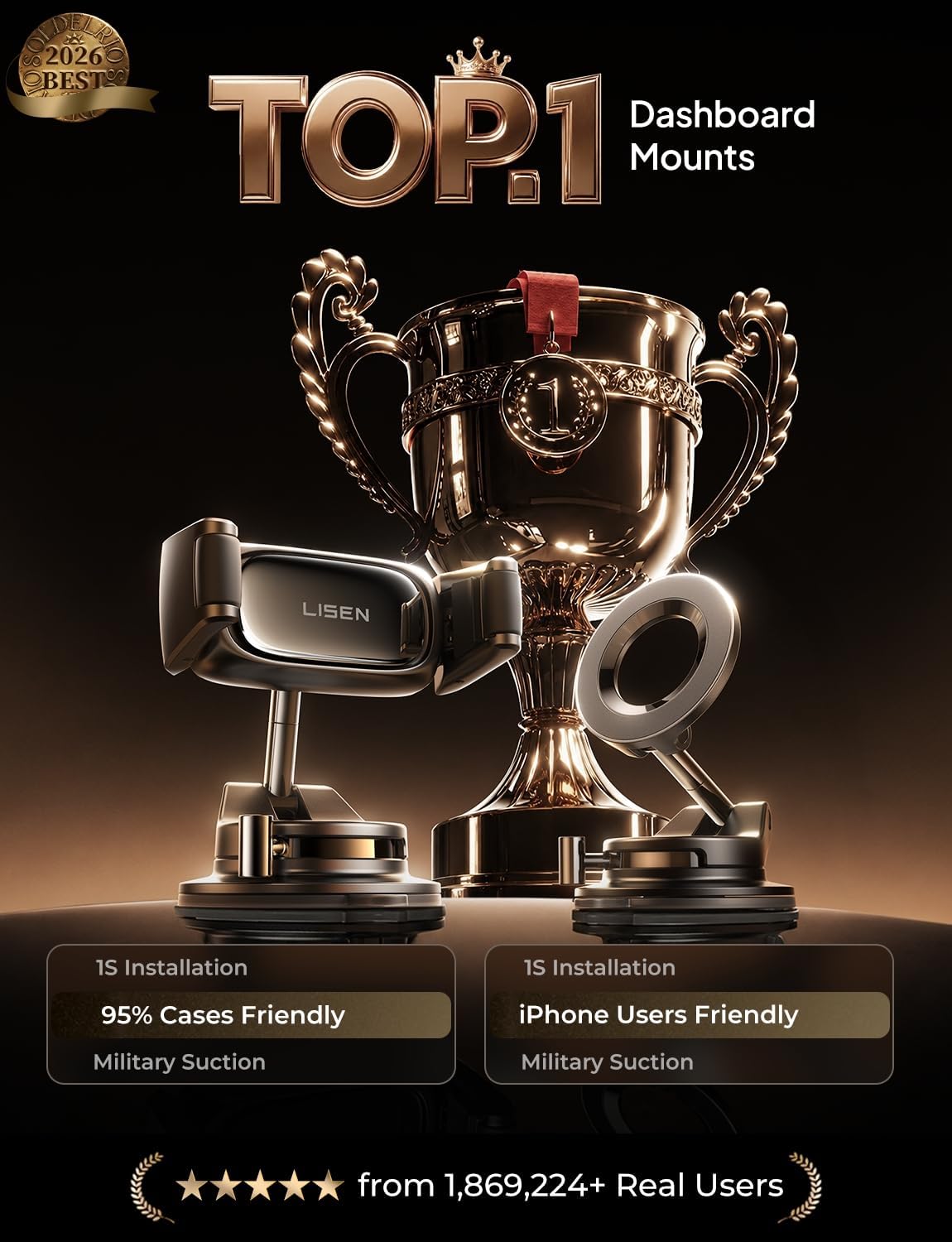 Thumbnail 1 de LISEN Suction Phone Mount (Auto-Adjusting, One-Touch Vacuum Holder) for Car Dash
