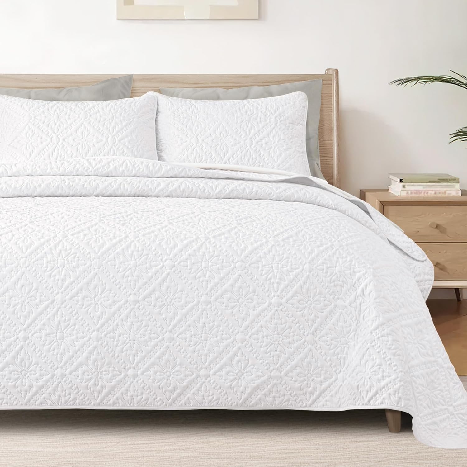 Detalle de Exclusivo Mezcla Quilt Set, King White Floral Quilt with 2 Pillow Shams