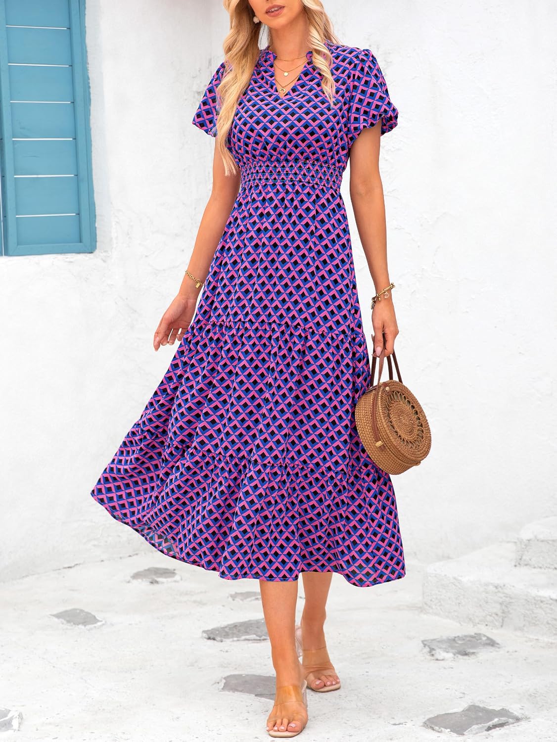 Detalle de MASCOMODA Summer Maxi Dresses for Women (2026) Floral V-Neck Smocked Puff Sleeve Boho Long Dress