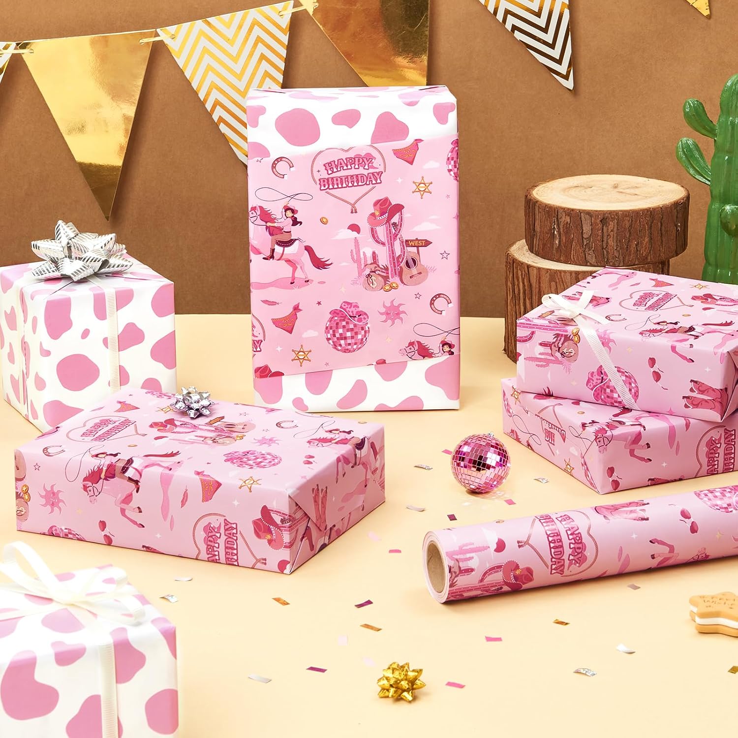 Detalle de WERNNSAI Western Geschenkpapier – 1 Rolle Rosa (43 cm x 5 m) mit Cowgirl- und Kuh-Muster