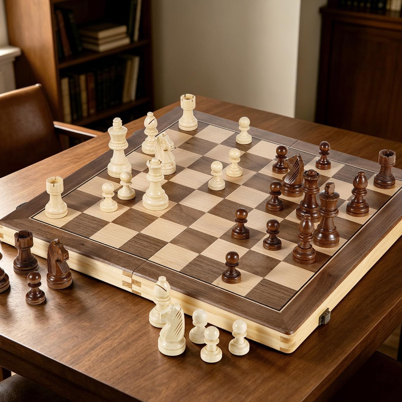 Detalle 2 de Sihaiyuan 15” Magnetic Wooden Chess Set – Travel Chess & Checkers, 2-in-1 Foldable Board