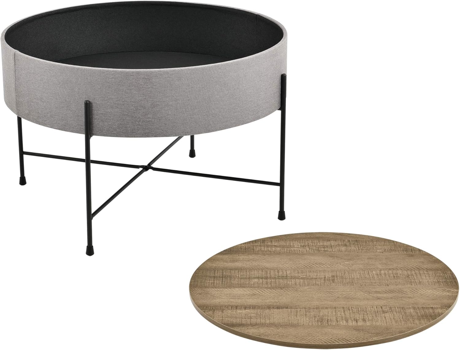 Detalle de Tavolino Contenitore con Piano Rotondo Rimovibile in Noce/Grigio – design moderno con scomparto
