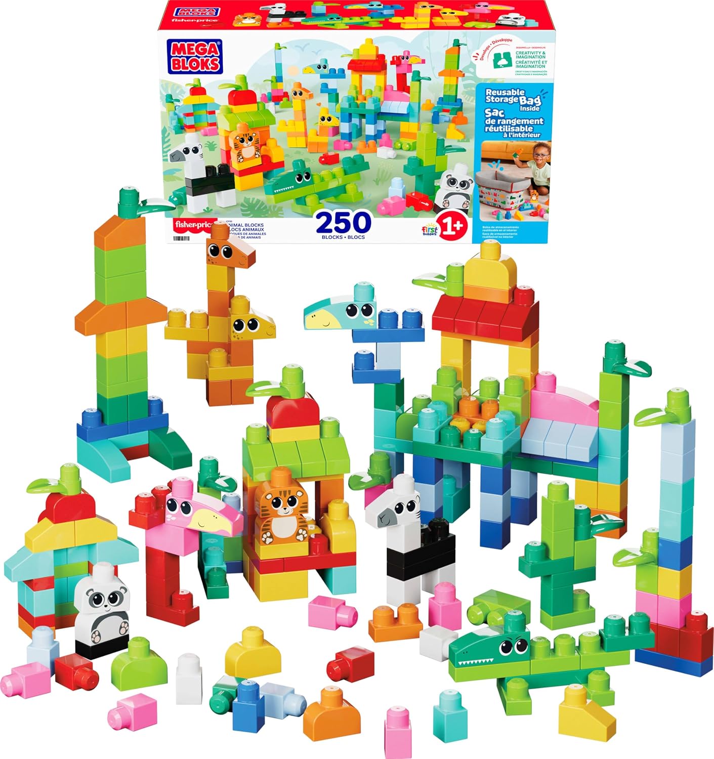 Detalle de Mega Bloks Fisher-Price toddler building toy with animal blocks (250 pieces, reusable storage bag) JCF93