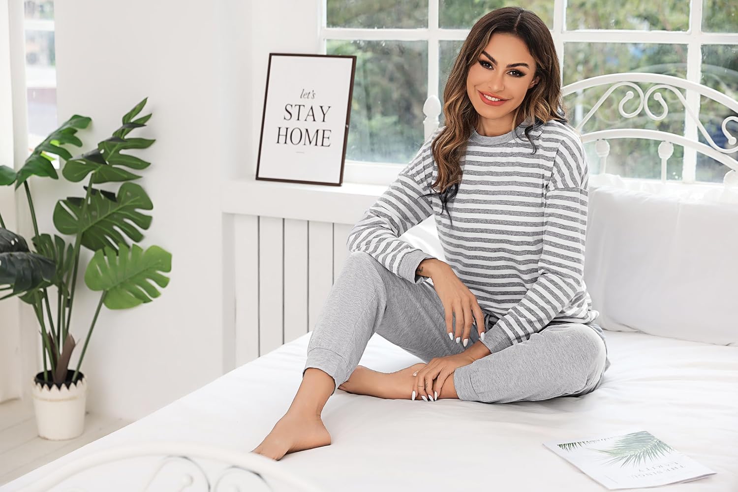 Thumbnail 4 de Bresdk Ensemble Pyjama Femme en Coton — Rayé, Doux et Chaud pour l’Hiver