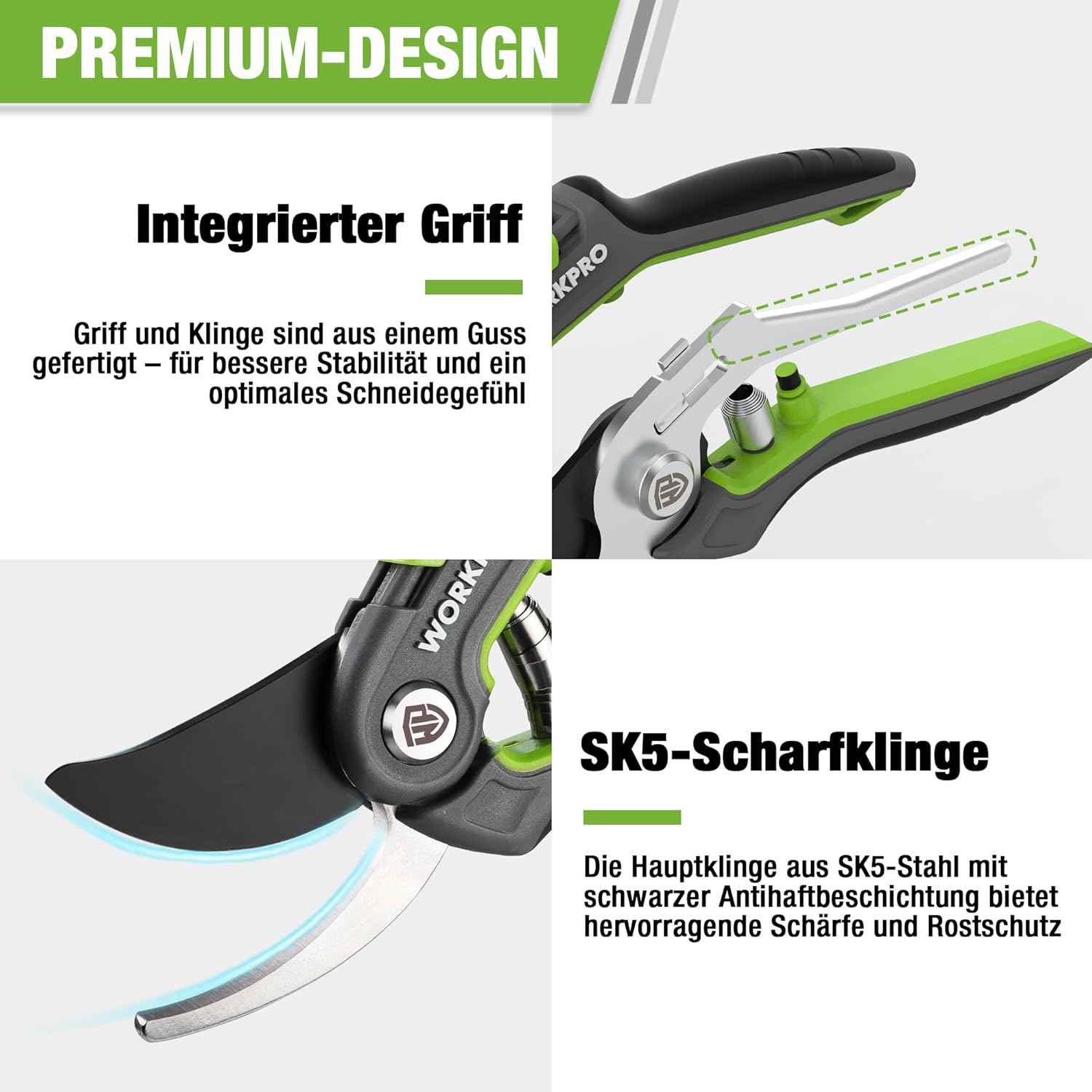 Detalle de WORKPRO Gartenschere Set 2-tlg. – Bypass-Astschere 210 mm und Ernteschere 160 mm für Gartenarbeit