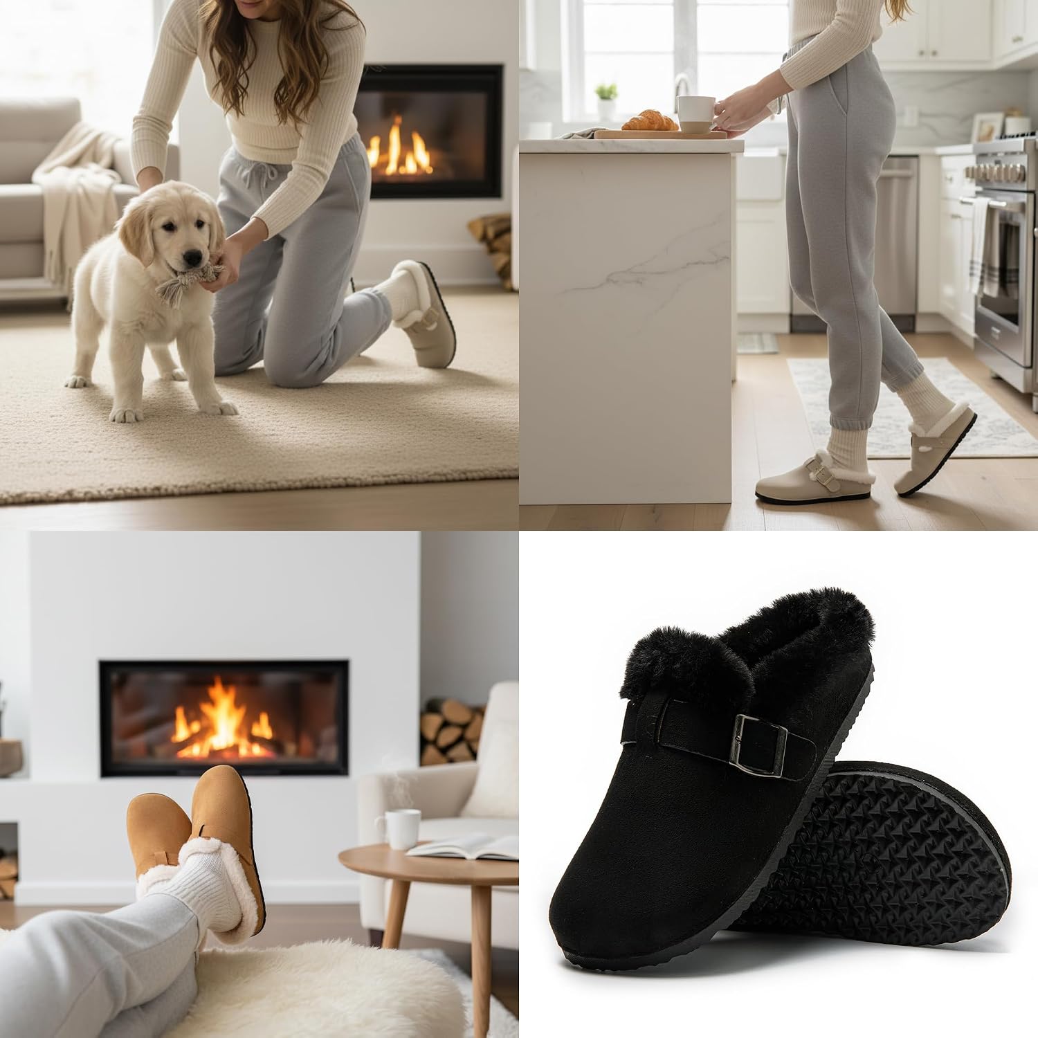 Detalle de JOMIX gevoerde winterpantoffels voor dames met suède-look en verstelbare gesp
