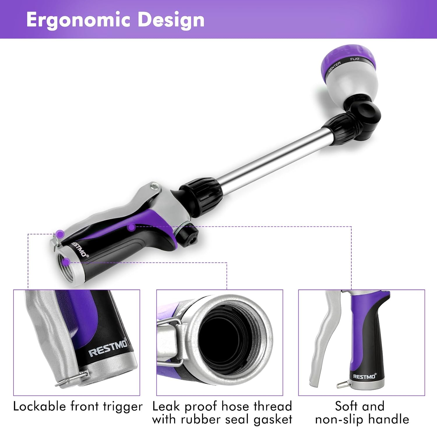 Detalle 2 de RESTMO 16-Inch Metal Hose Wand with 180° Swivel Head and 7 Spray Patterns