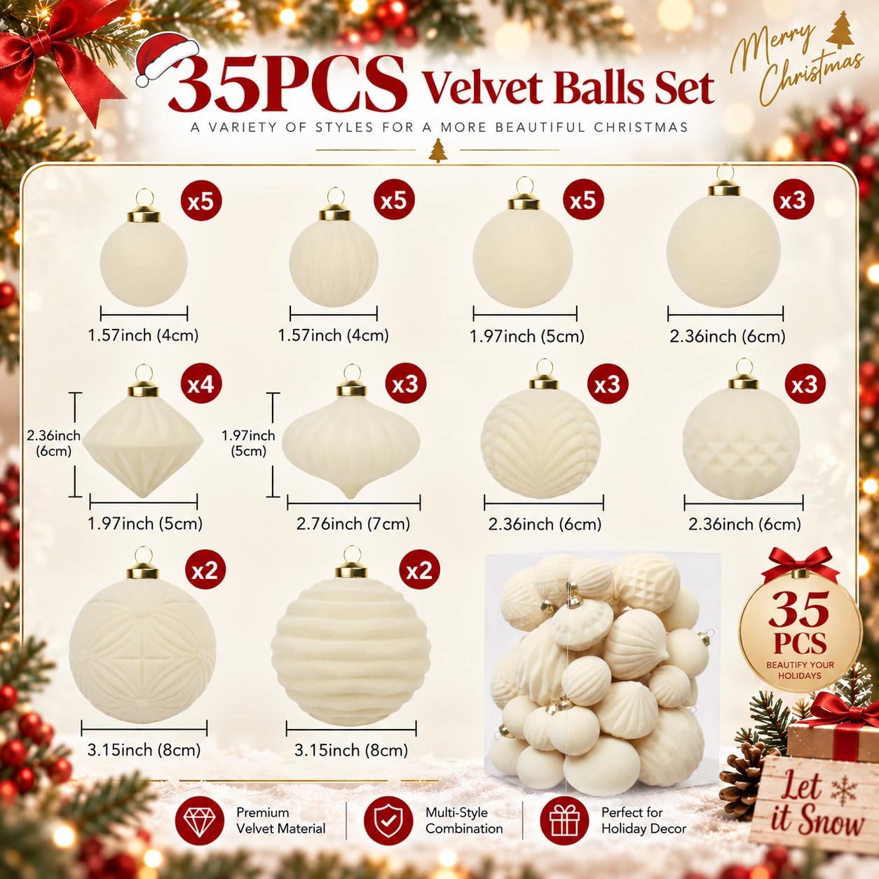 Detalle de Velvet Christmas Ball Ornaments, 35-Piece Set