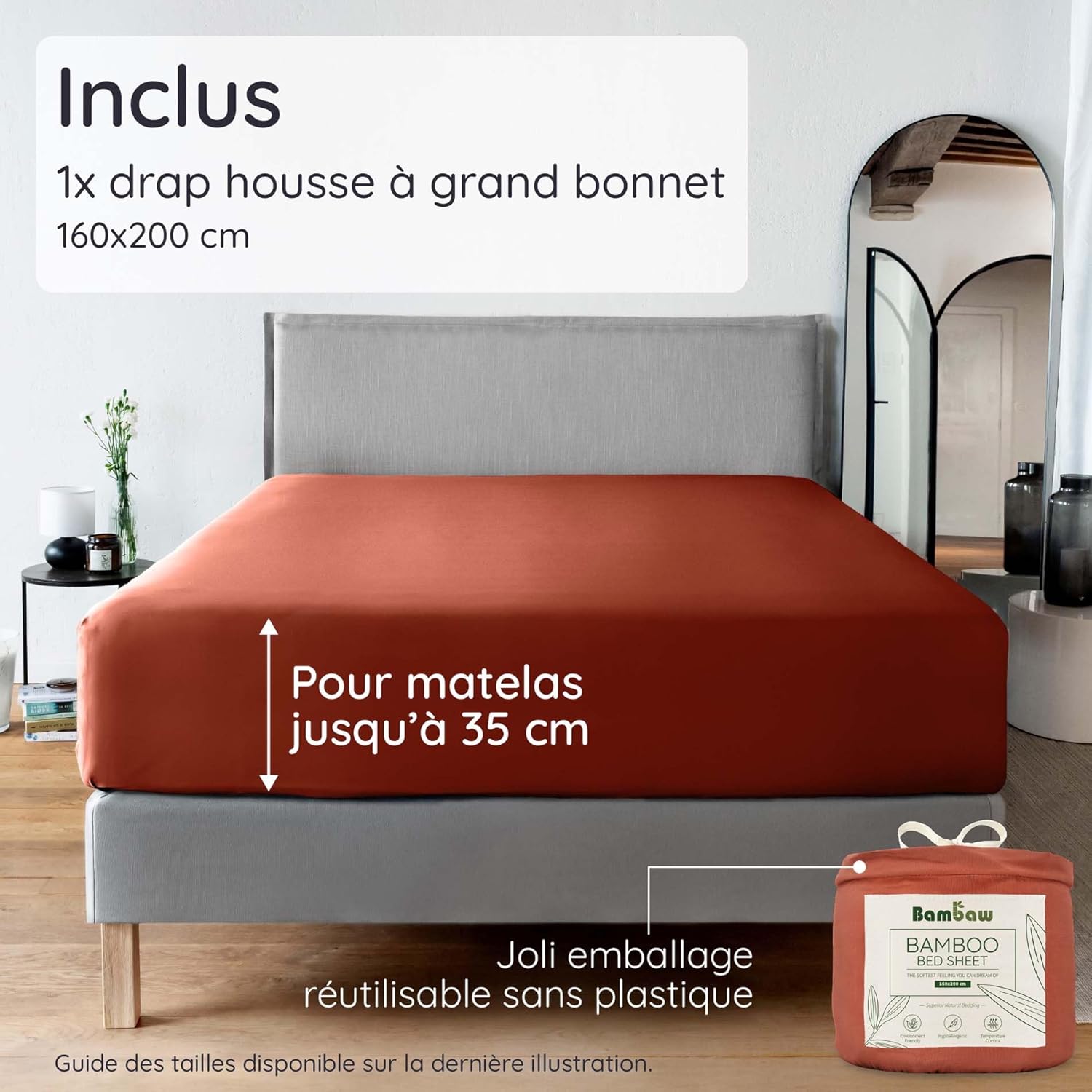 Thumbnail 1 de Bambaw Drap housse en bambou Tanboocel 160 x 200 cm (terracotta) pour matelas jusqu’à 35 cm