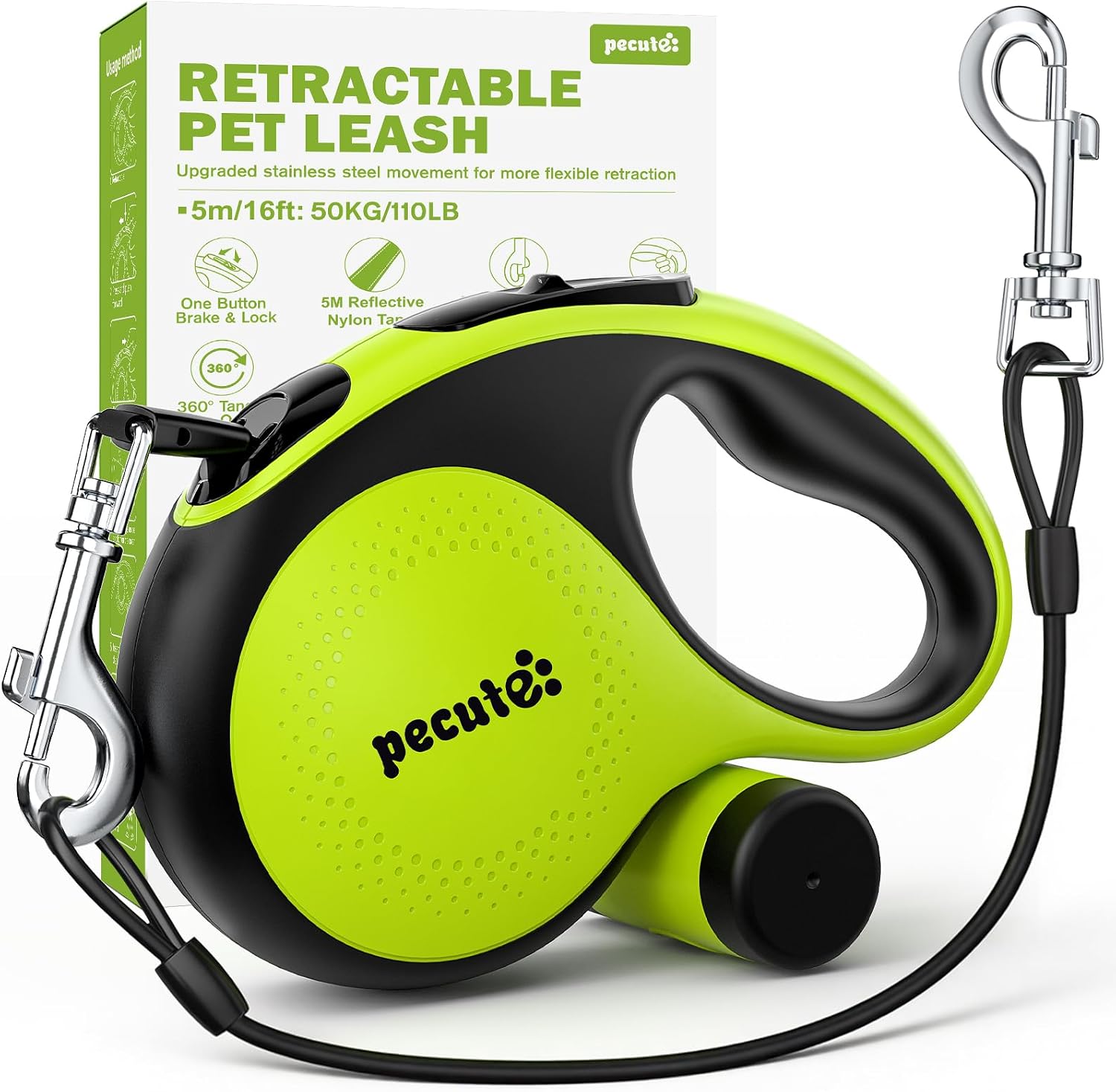 Detalle de Pecute 5m Retractable Dog Lead with Chew-proof Cable, One-Button Control & Reflective Strips (up to 50 kg)