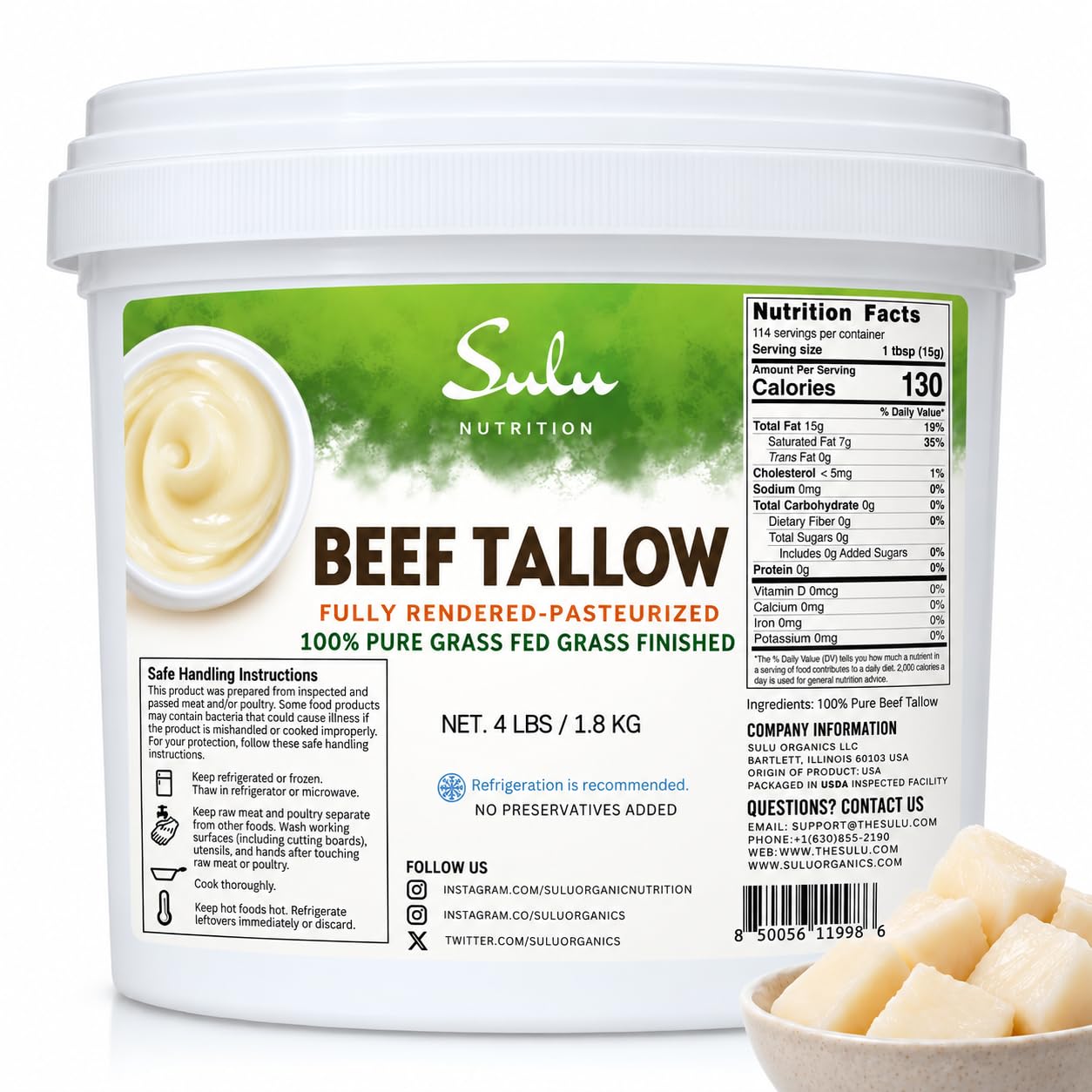 Detalle de SULU ORGANICS Grass-Fed Beef Tallow, Fully Rendered, 4 lb