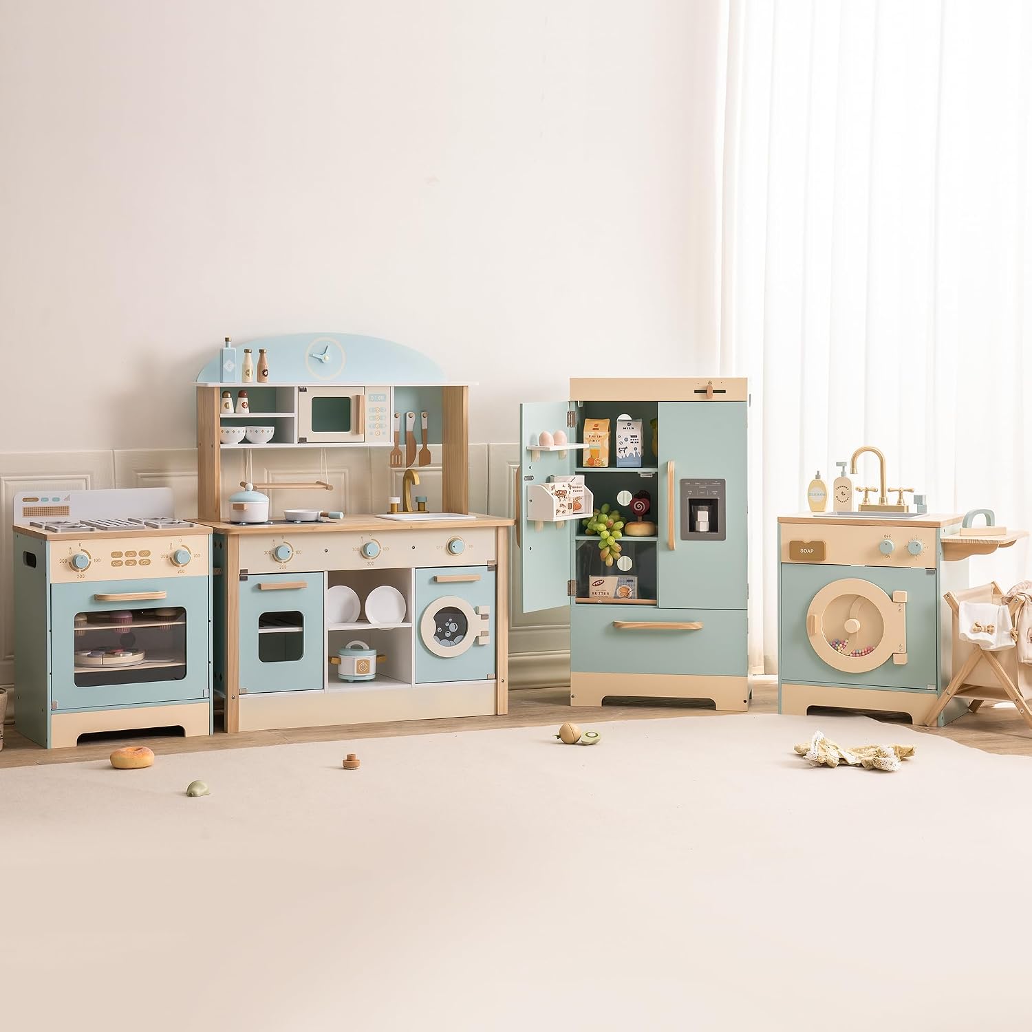 Thumbnail 3 de ROBOTIME Wooden Play Kitchen: Toddler Kitchen Set with Oven, Fridge & Washing Machine