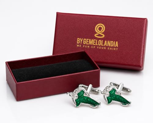 Detalle de Gemelolandia Hoja de Lorien, gemelos de camisa plateados con esmalte verde