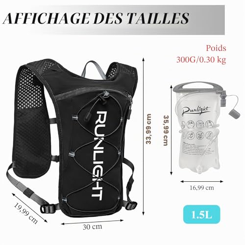 Detalle 2 de Runlight Gilet de course avec bouteille d’eau 1500 ml – gilet hydratation léger et ajustable (noir, taille unique)