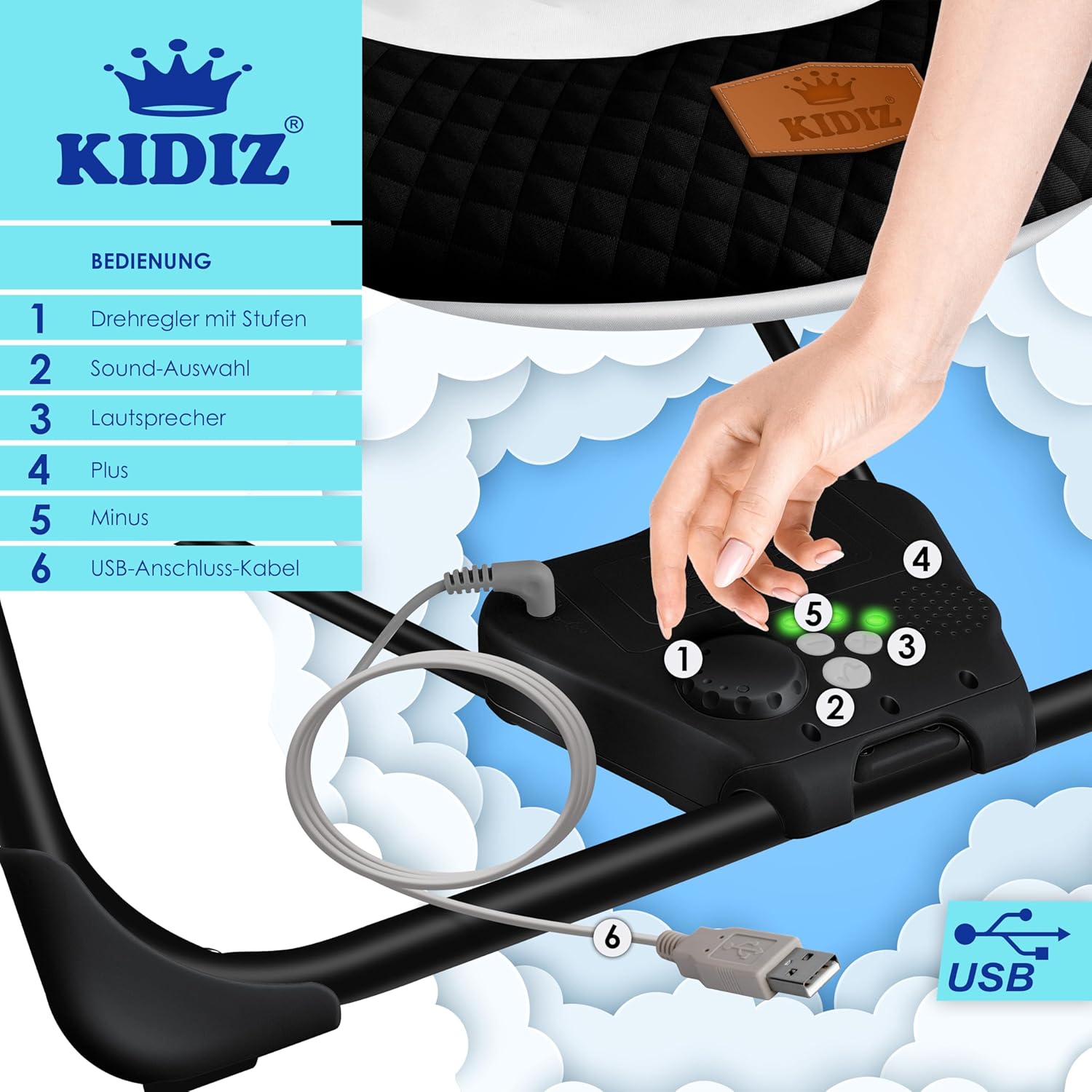 Thumbnail 5 de KIDIZ® Babywippe Babyschaukel mit 5 Geschwindigkeiten – faltbar, mit Spielbogen und Naturgeräuschen (Schwarz)