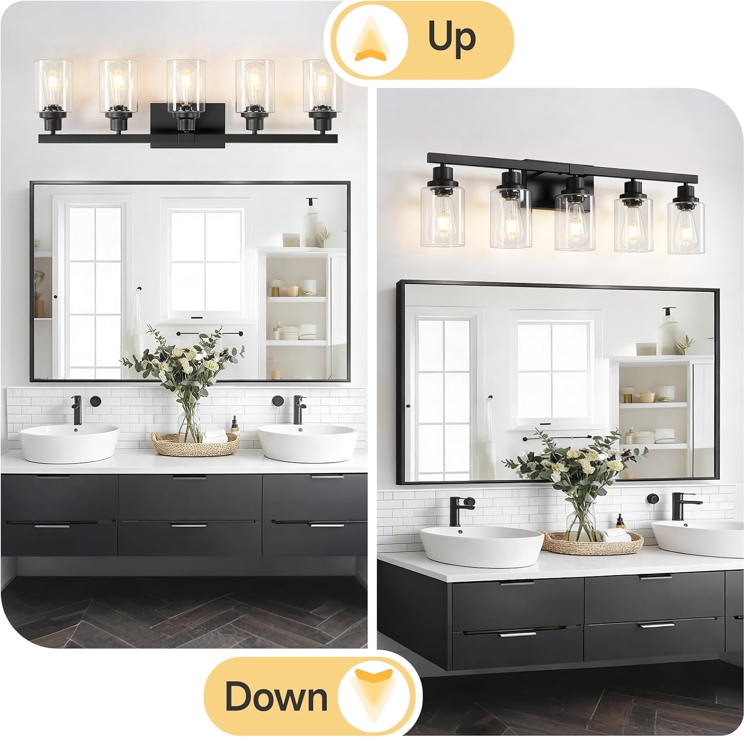 Detalle de DIKAIDA 5-Light Black Bathroom Vanity Light with Clear Glass Shades