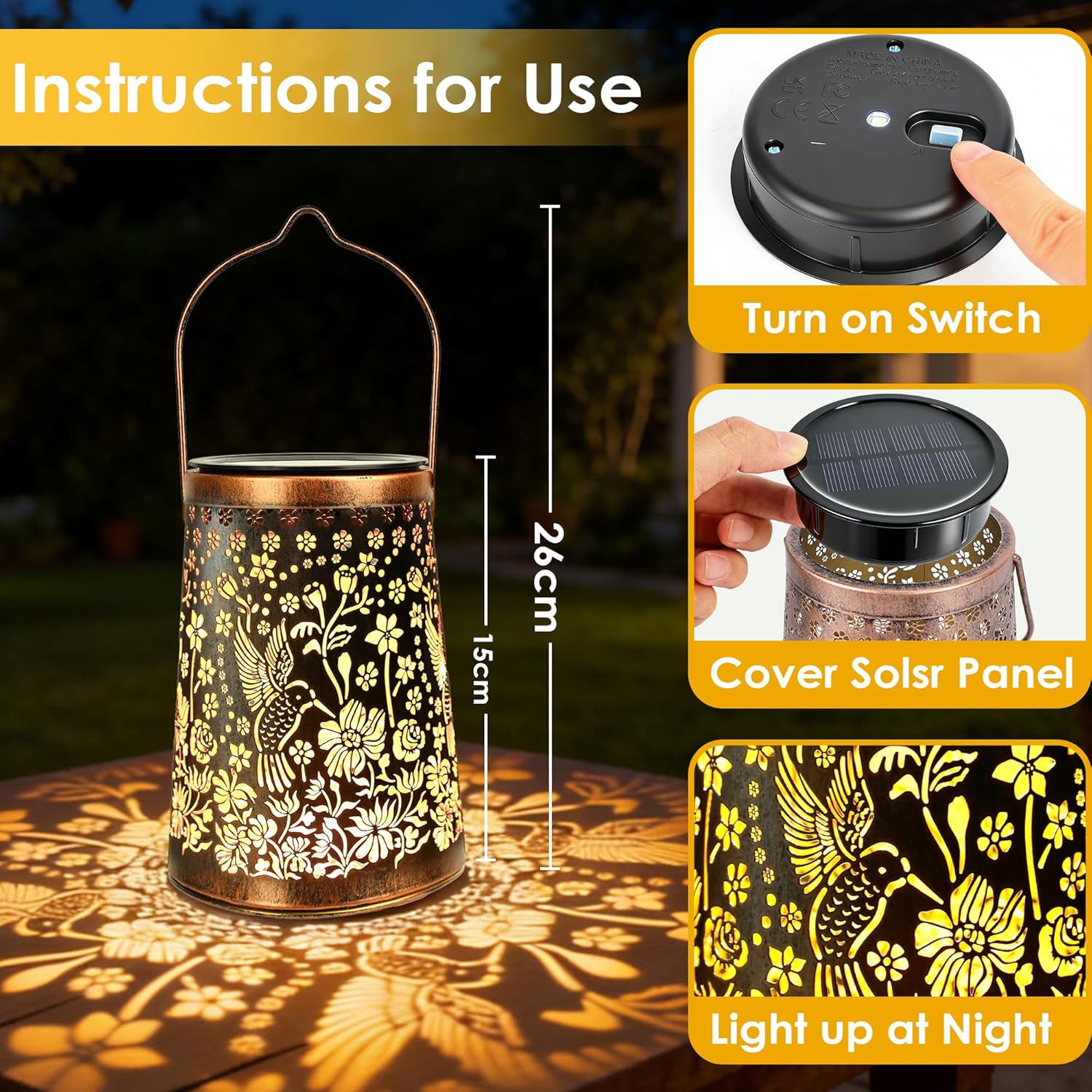 Detalle de Solar Lanterns for Outside – Vintage Hummingbird 2 Pack (IP65, warm shadows) for patio and garden décor