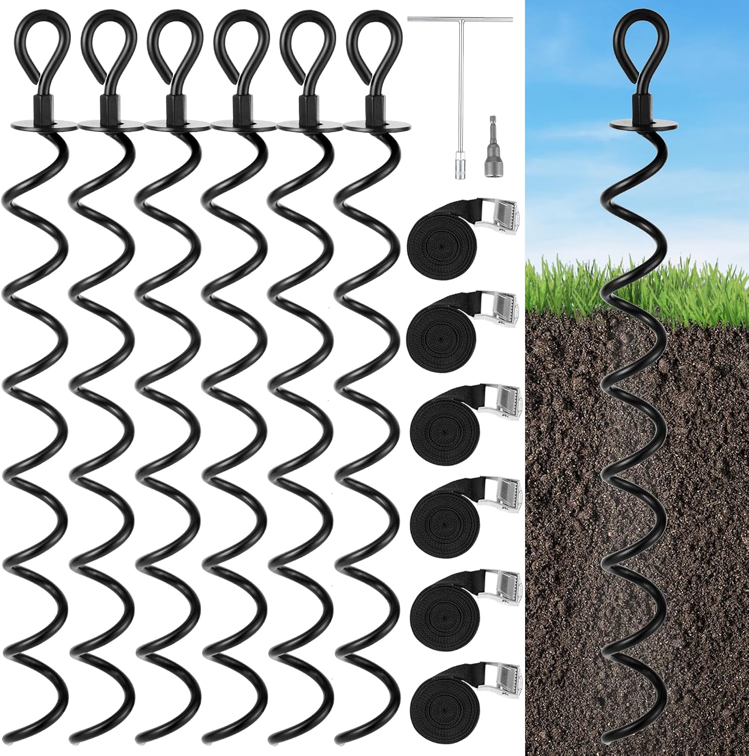 Detalle de XYADX 22.4-Inch Spiral Ground Anchor Kit, 6-Pack with Tie-Down Straps
