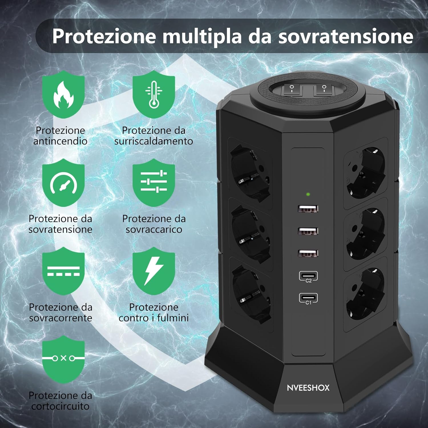 Thumbnail 5 de NVEESHOX ciabatta multipresa verticale con 12 Schuko, 2 USB-C PD 20W e 3 USB-A, cavo 2 m