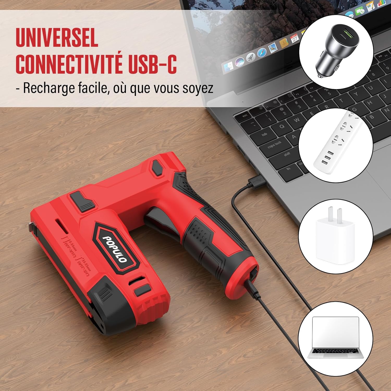 Thumbnail 5 de POPULO Agrafeuse électrique 2-en-1 sans fil 4 V — kit complet avec USB-C, arrache-clou et 1200 agrafes / 400 clous